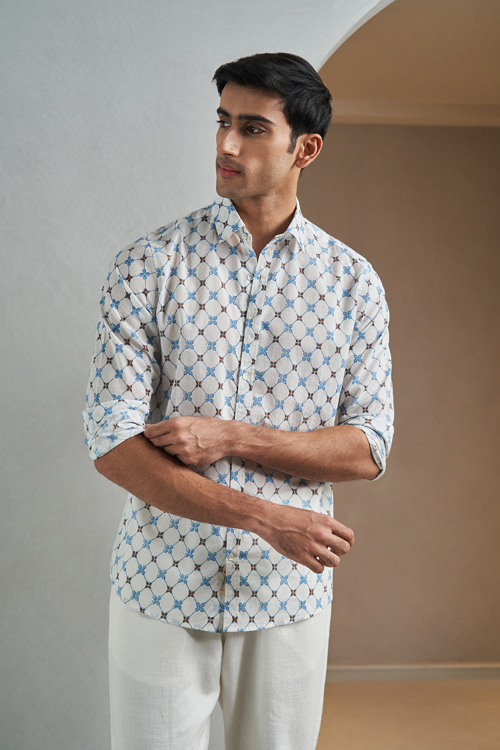 Blue Lattice Handblock Printed Men's Shirt