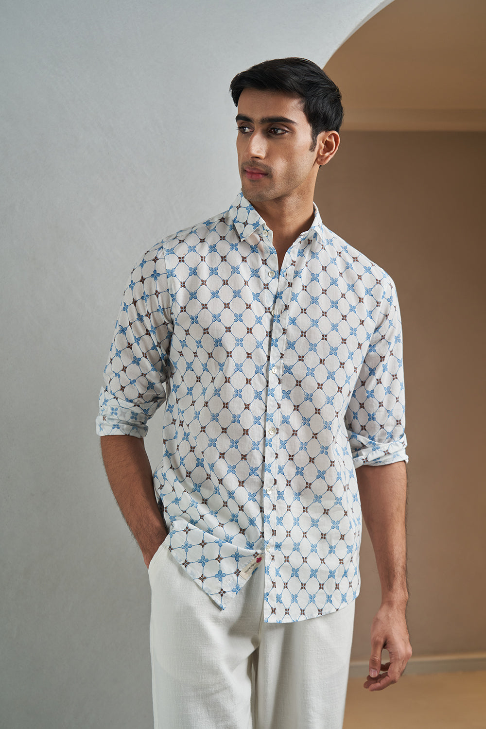 Blue Lattice Handblock Printed Men's Shirt