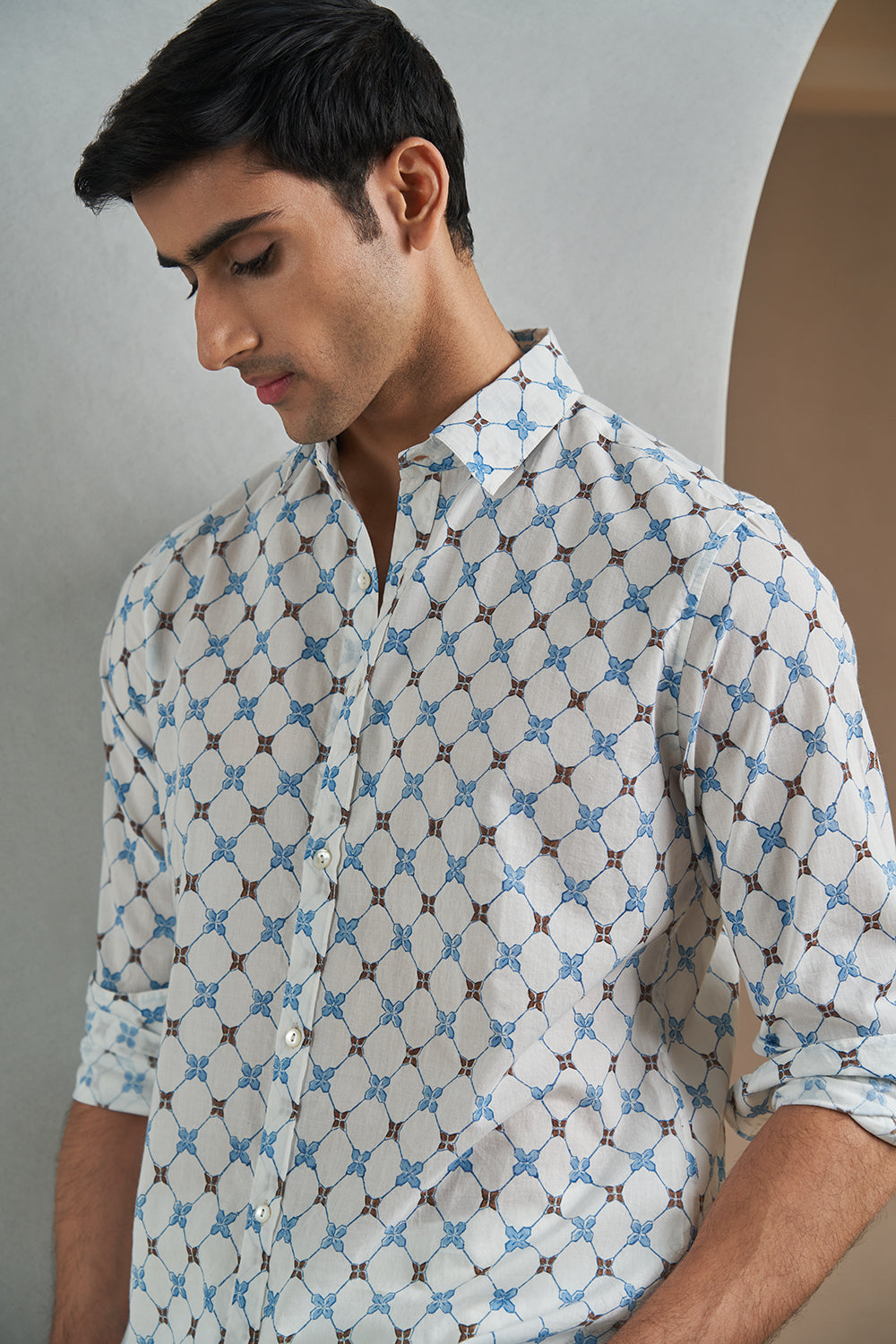 Blue Lattice Handblock Printed Men's Shirt