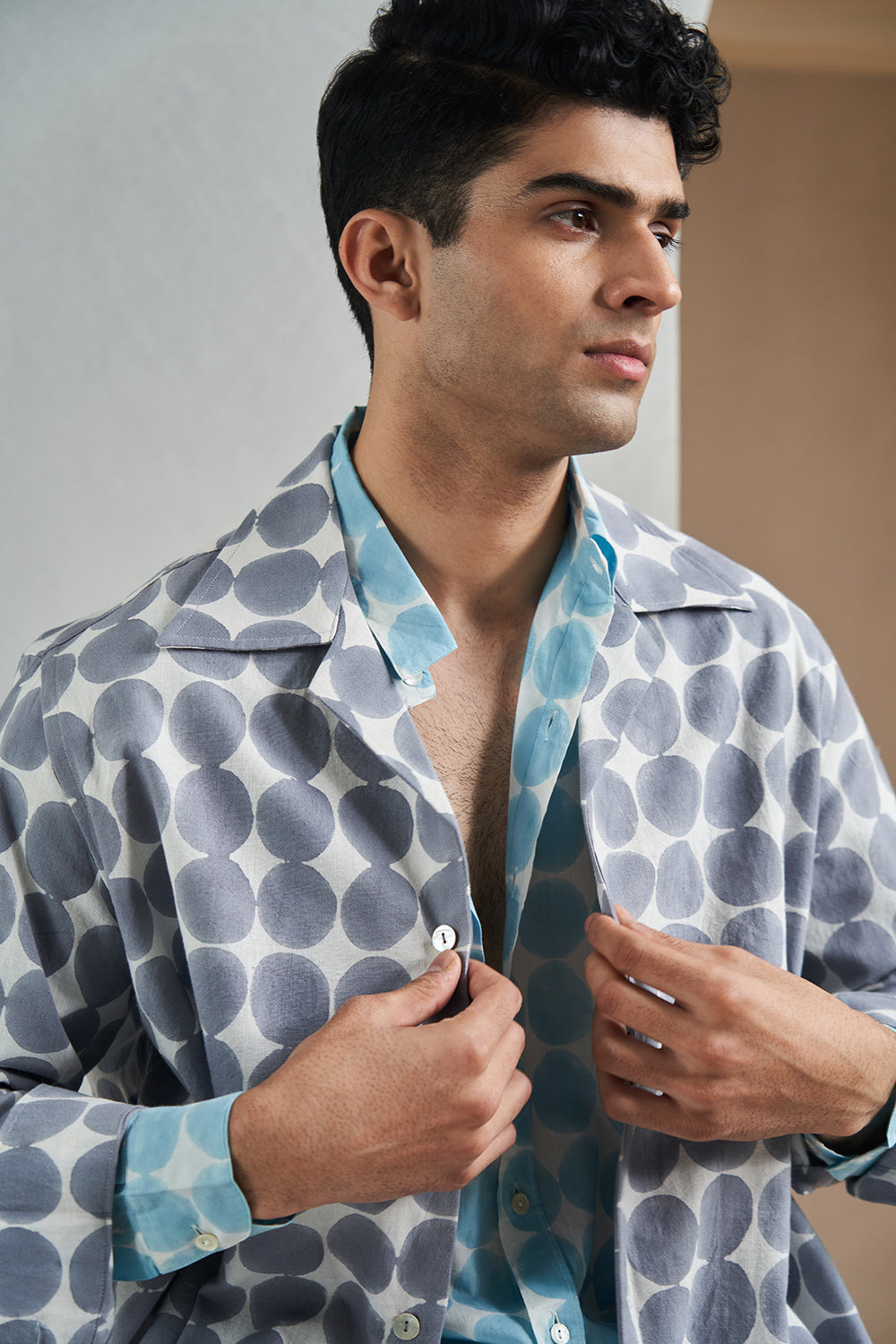 Teal Pebbles Handblock Printed Men's Shirt