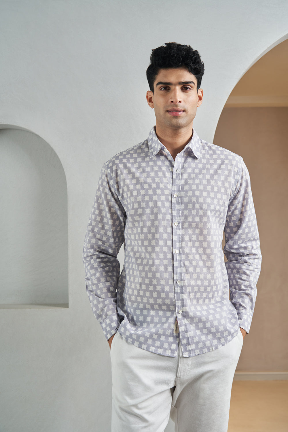 Grey Petal Gadh Handblock Printed Men's Shirt