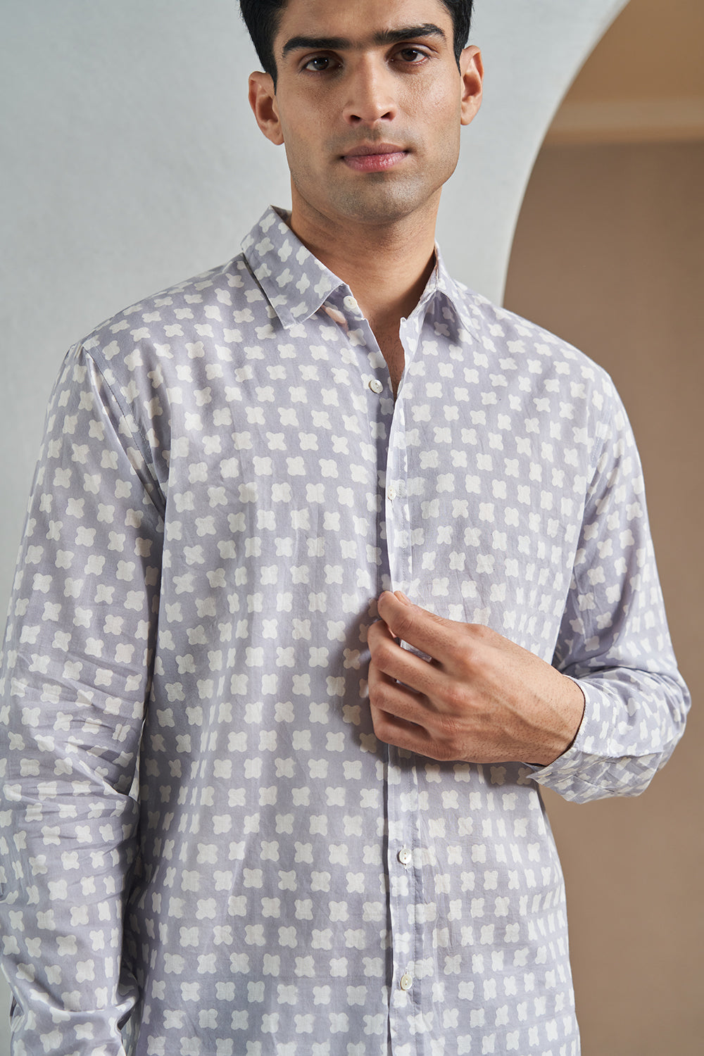 Grey Petal Gadh Handblock Printed Men's Shirt