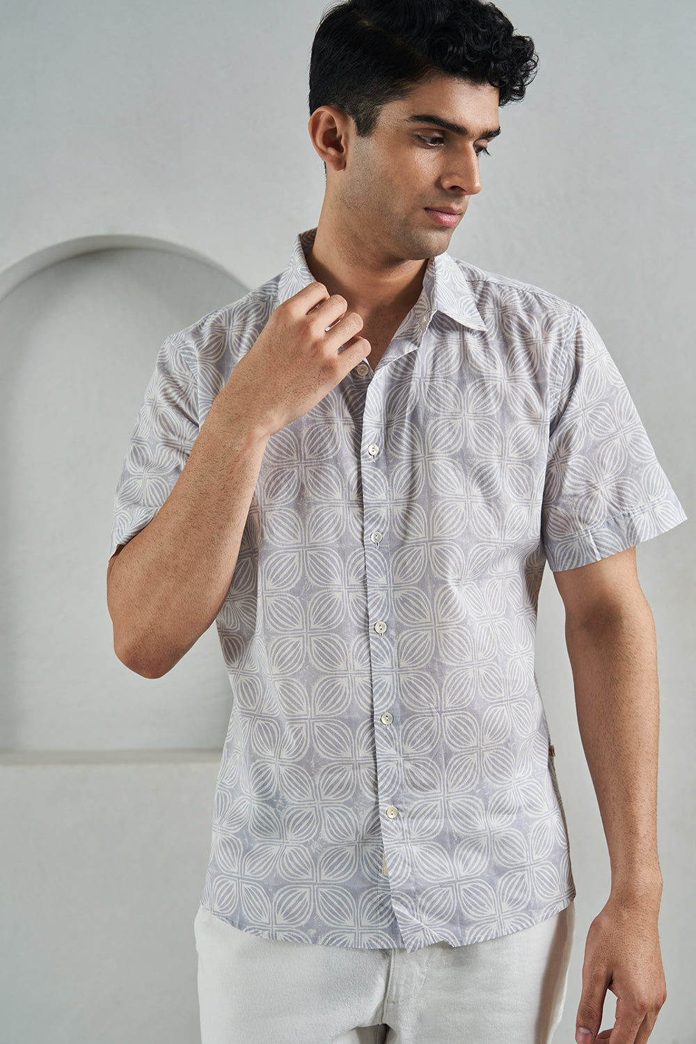 Grey Big Petal Gadh Handblock Printed Men's Shirt