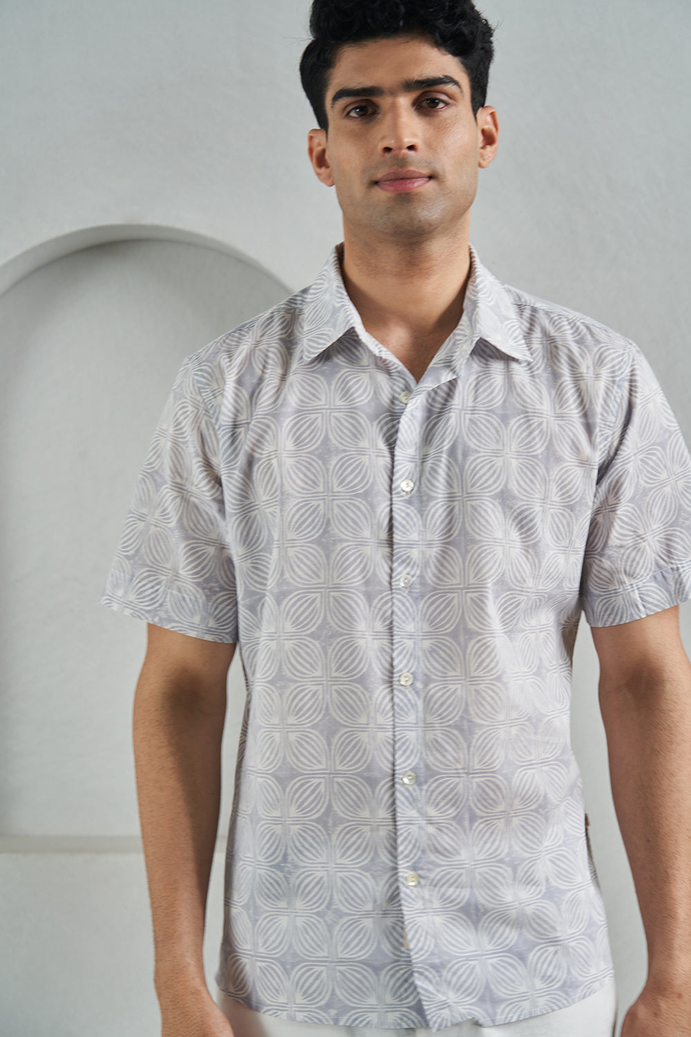 Grey Big Petal Gadh Handblock Printed Men's Shirt