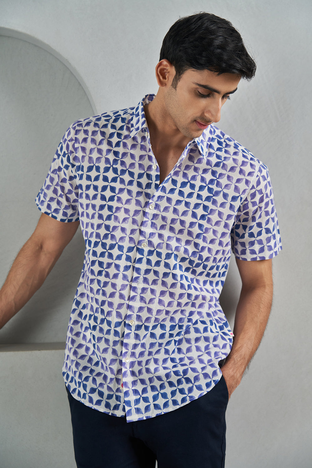 Blue Bunting Flower Handblock Printed Men's Shirt 