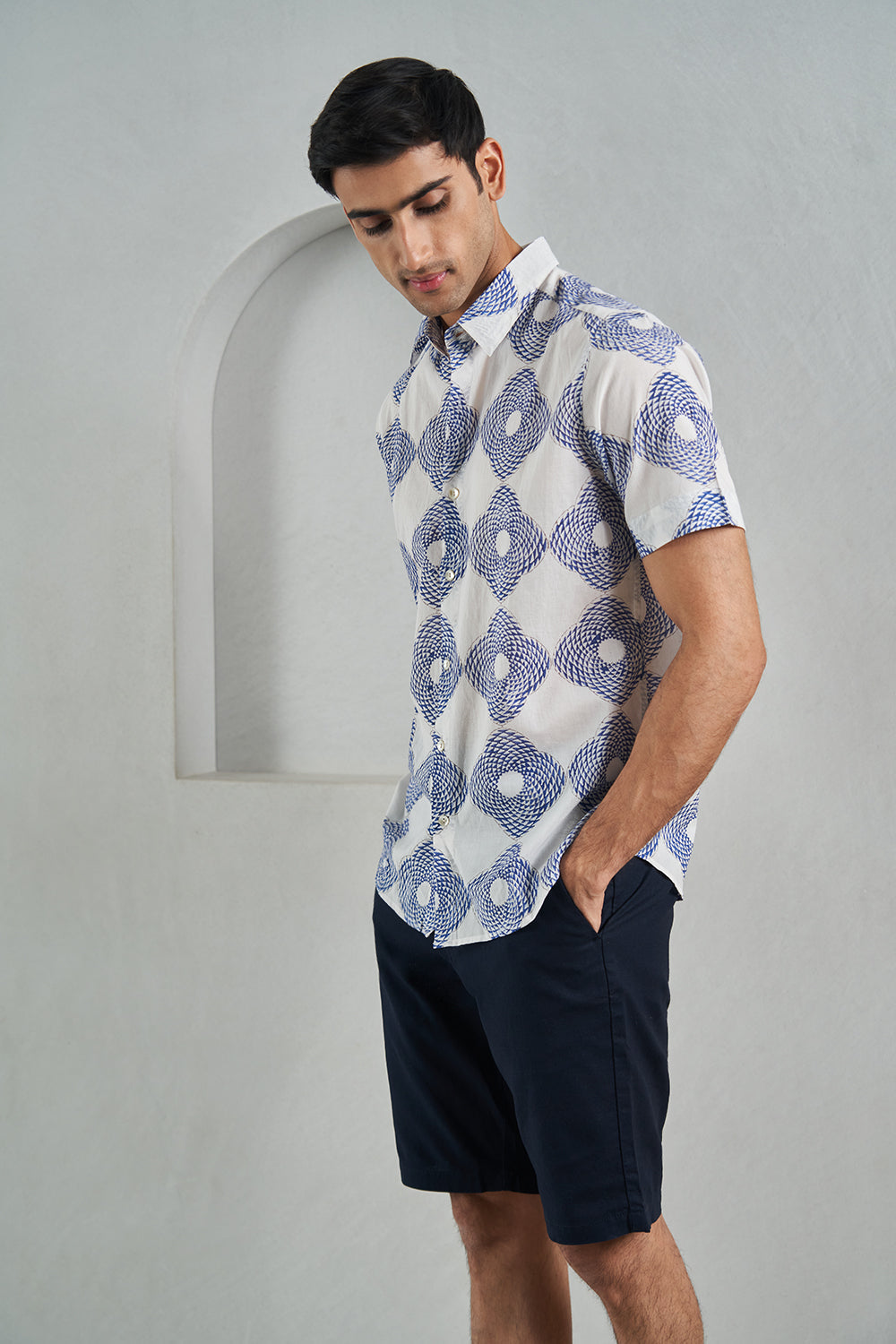 Blue Triangle Medallion Handblock Printed Men's Shirt