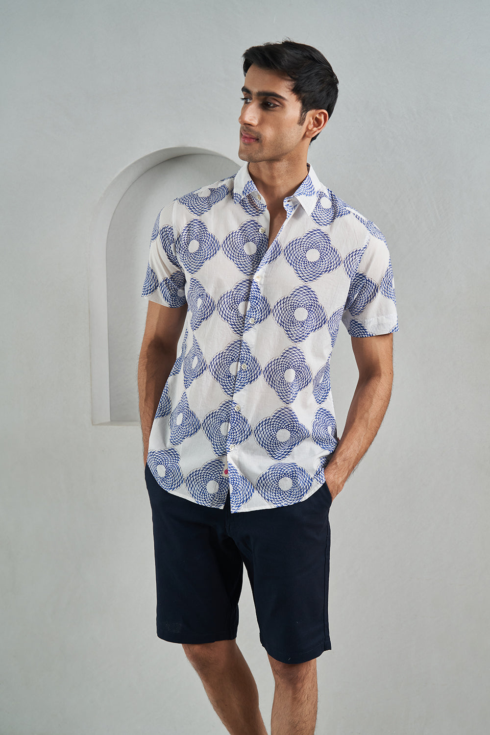 Blue Triangle Medallion Handblock Printed Men's Shirt