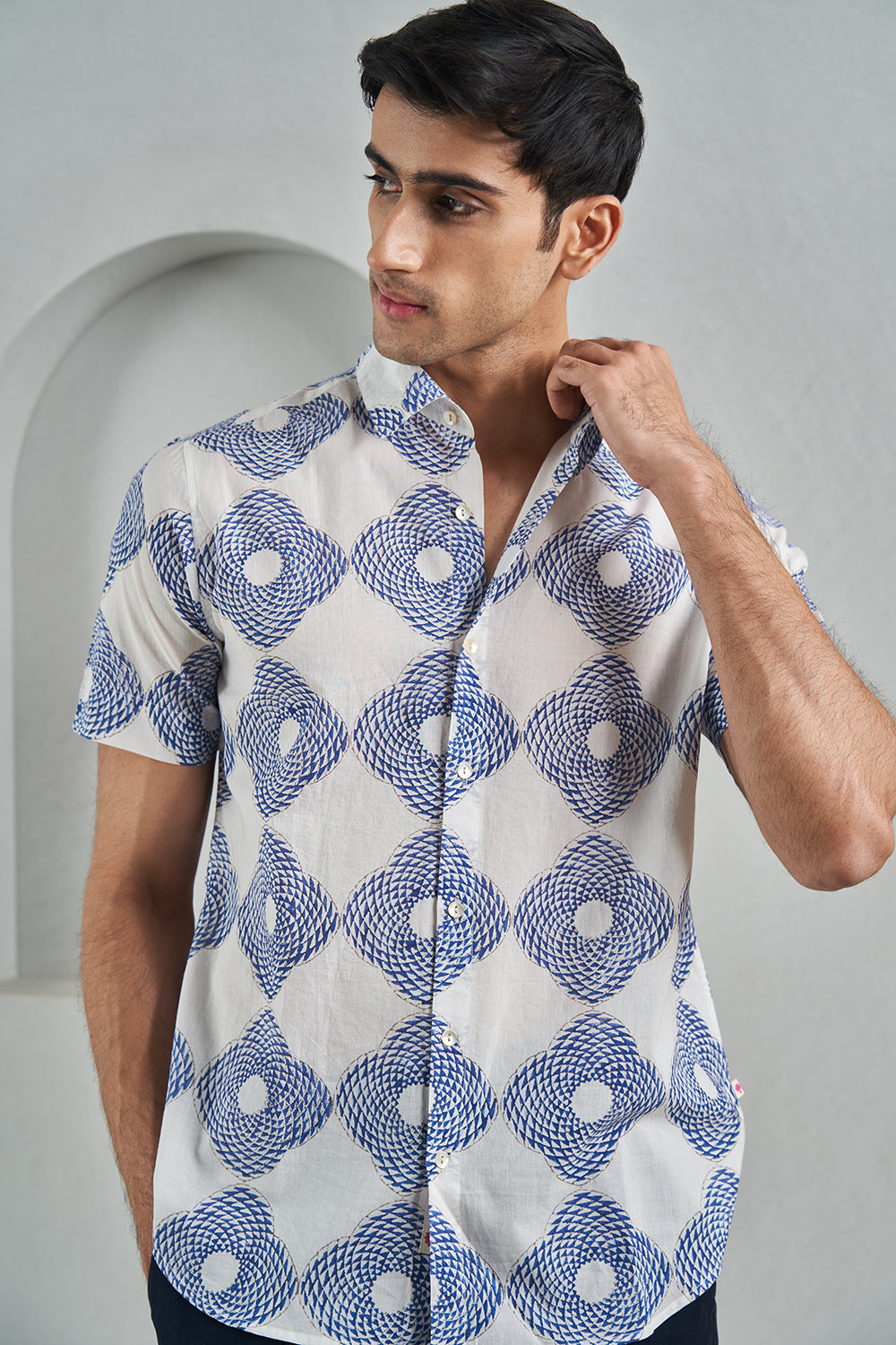 Blue Triangle Medallion Handblock Printed Men's Shirt