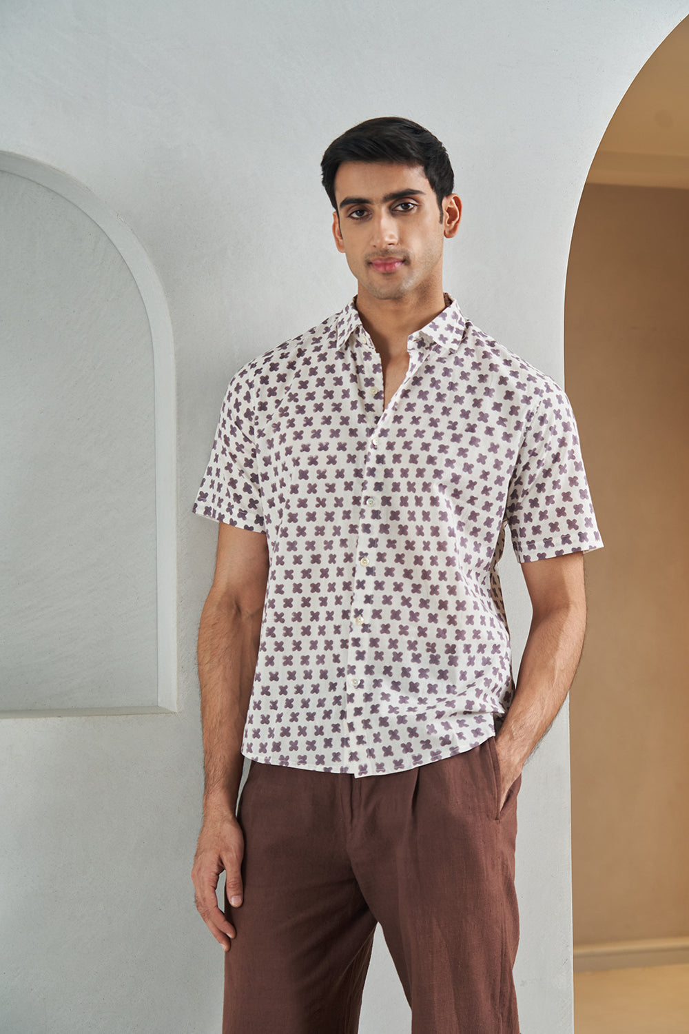 Grey Petal Handblock Printed Men's Shirt