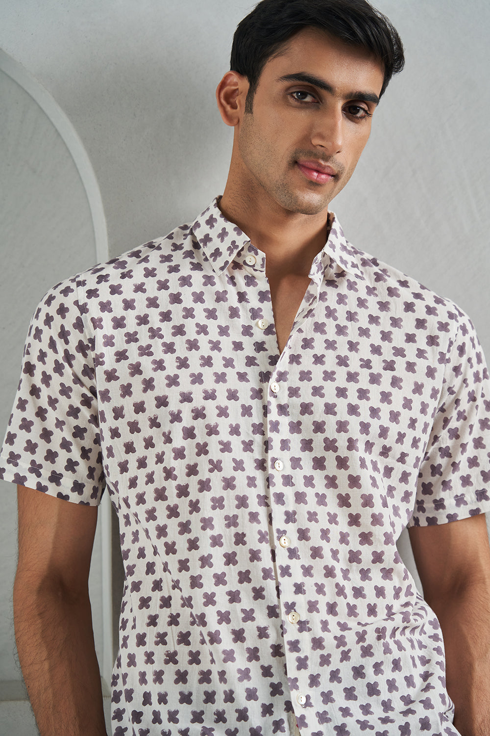 Grey Petal Handblock Printed Men's Shirt