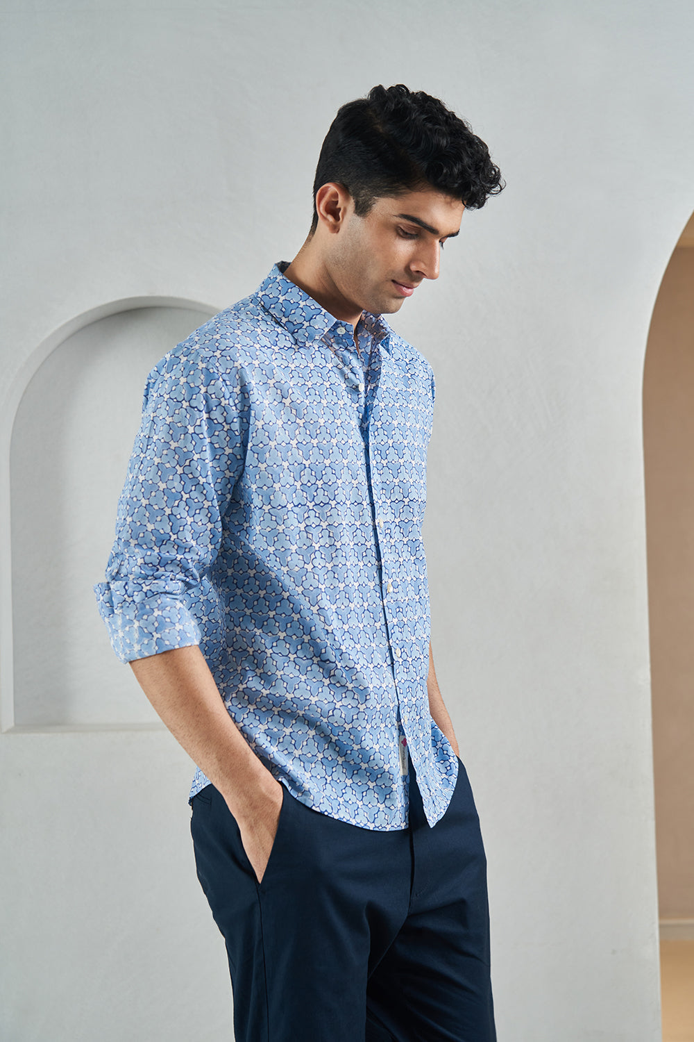 Blue Fanflower Handblock Printed Men's Shirt