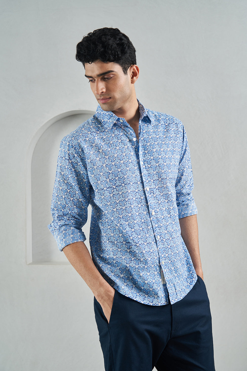 Blue Fanflower Handblock Printed Men's Shirt