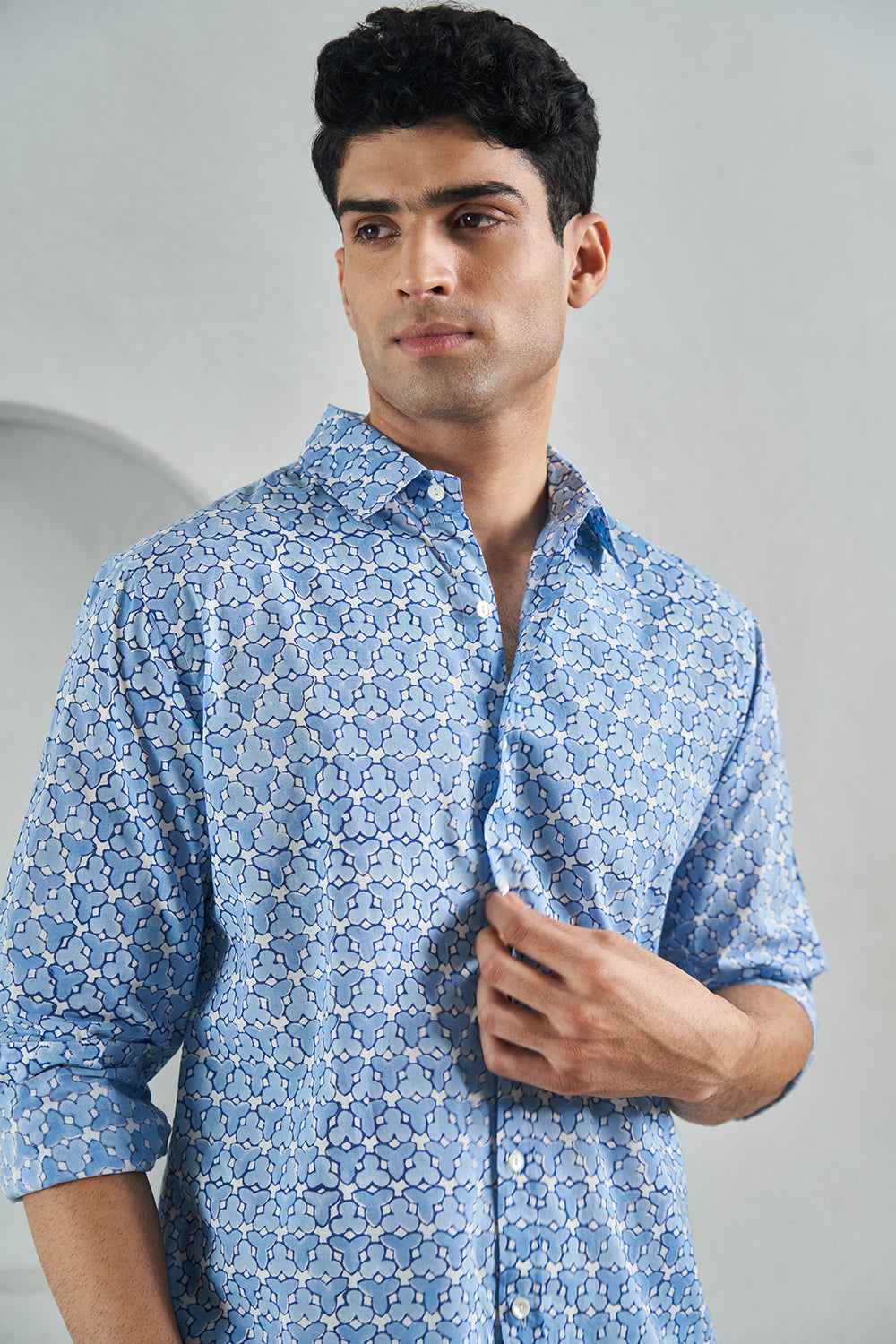 Blue Fanflower Handblock Printed Men's Shirt