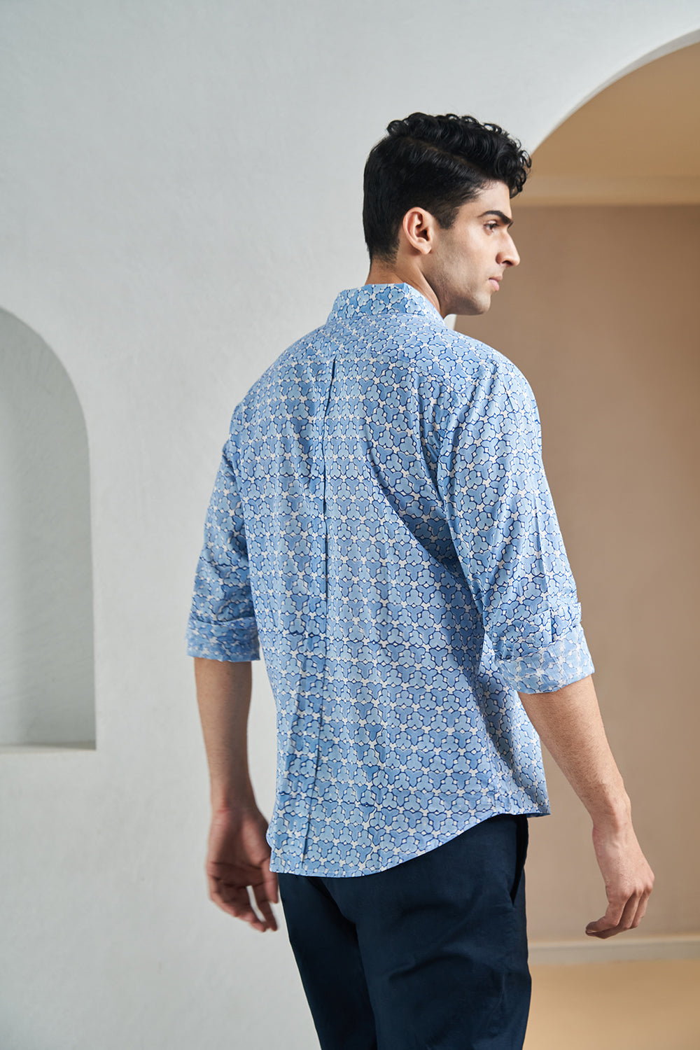 Blue Fanflower Handblock Printed Men's Shirt