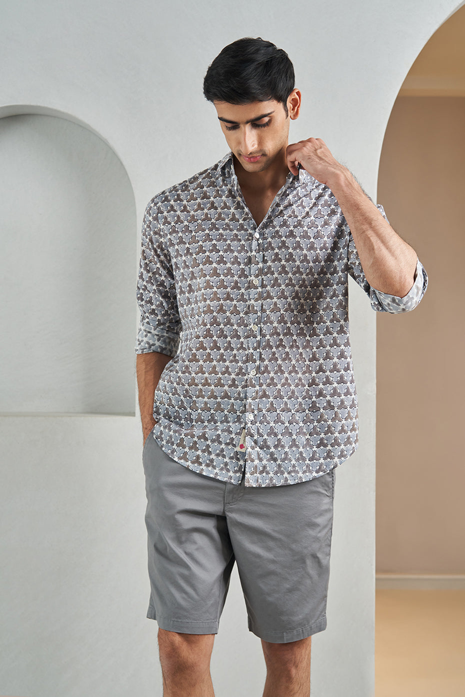 Grey Fanflower Handblock Printed Men's Shirt