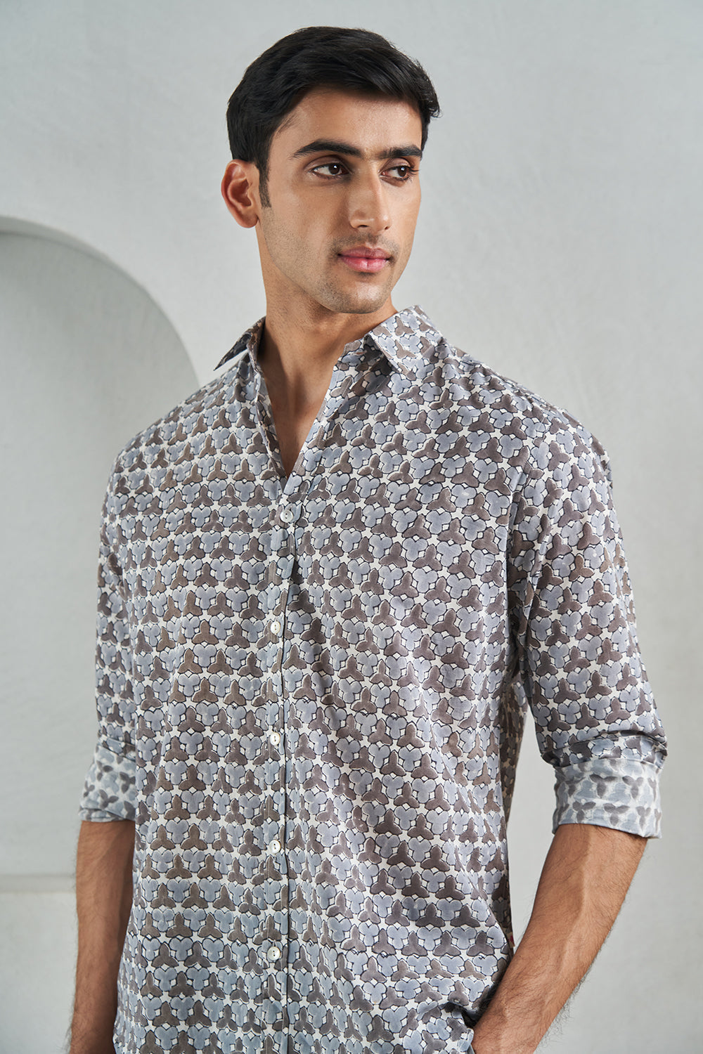 Grey Fanflower Handblock Printed Men's Shirt