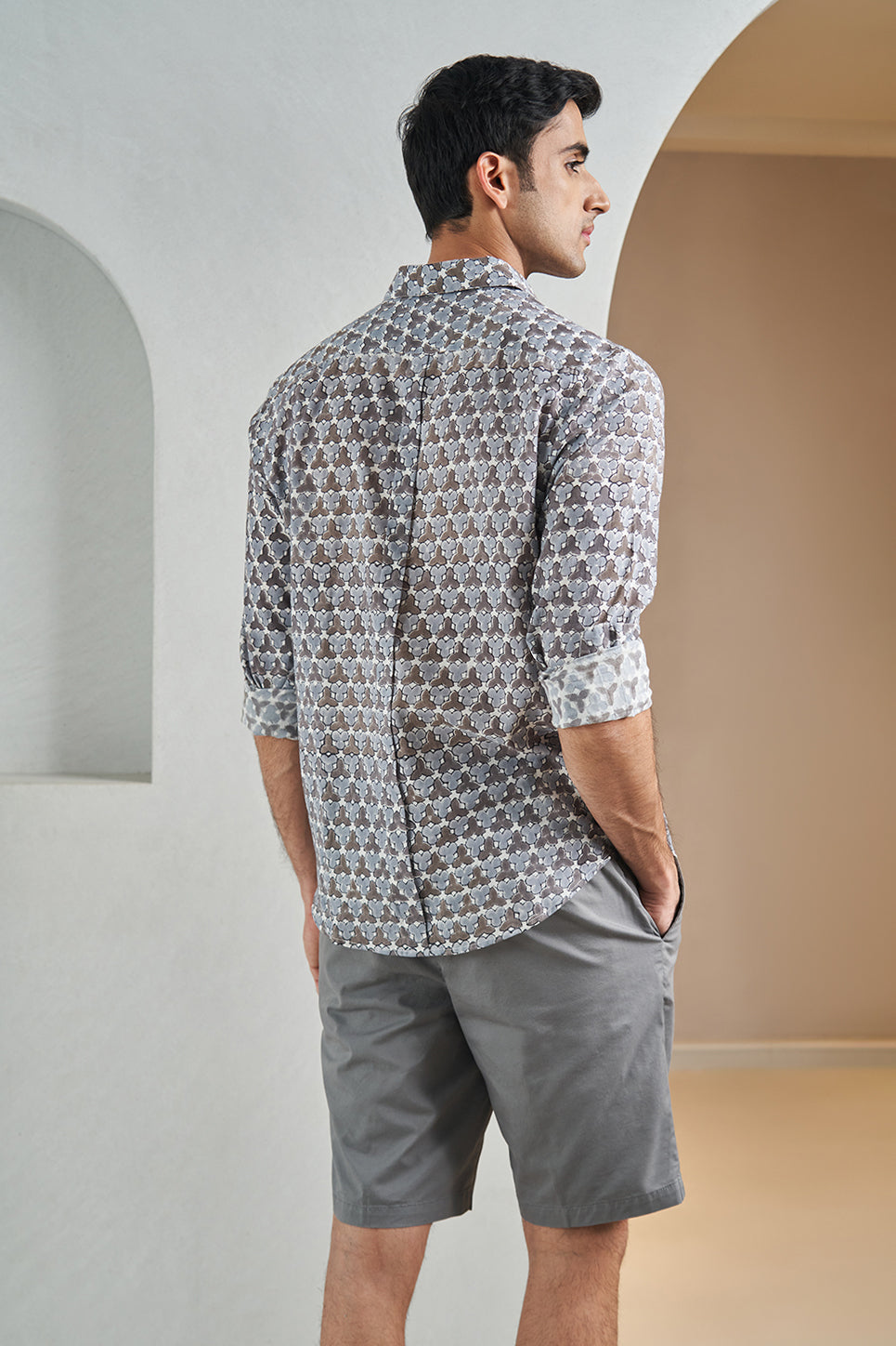 Grey Fanflower Handblock Printed Men's Shirt