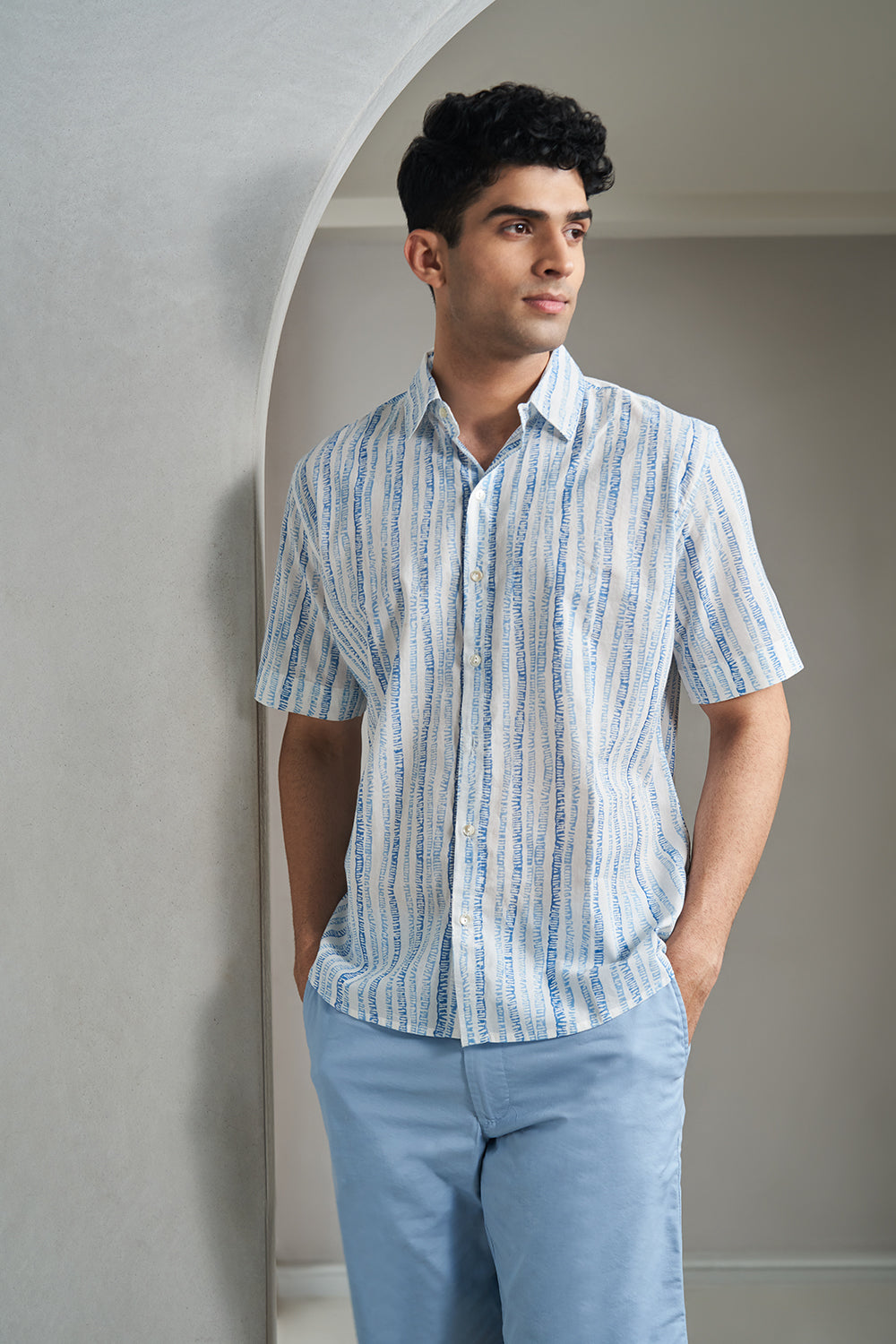 Blue Doodle Stripes Handblock Printed Men's Shirt