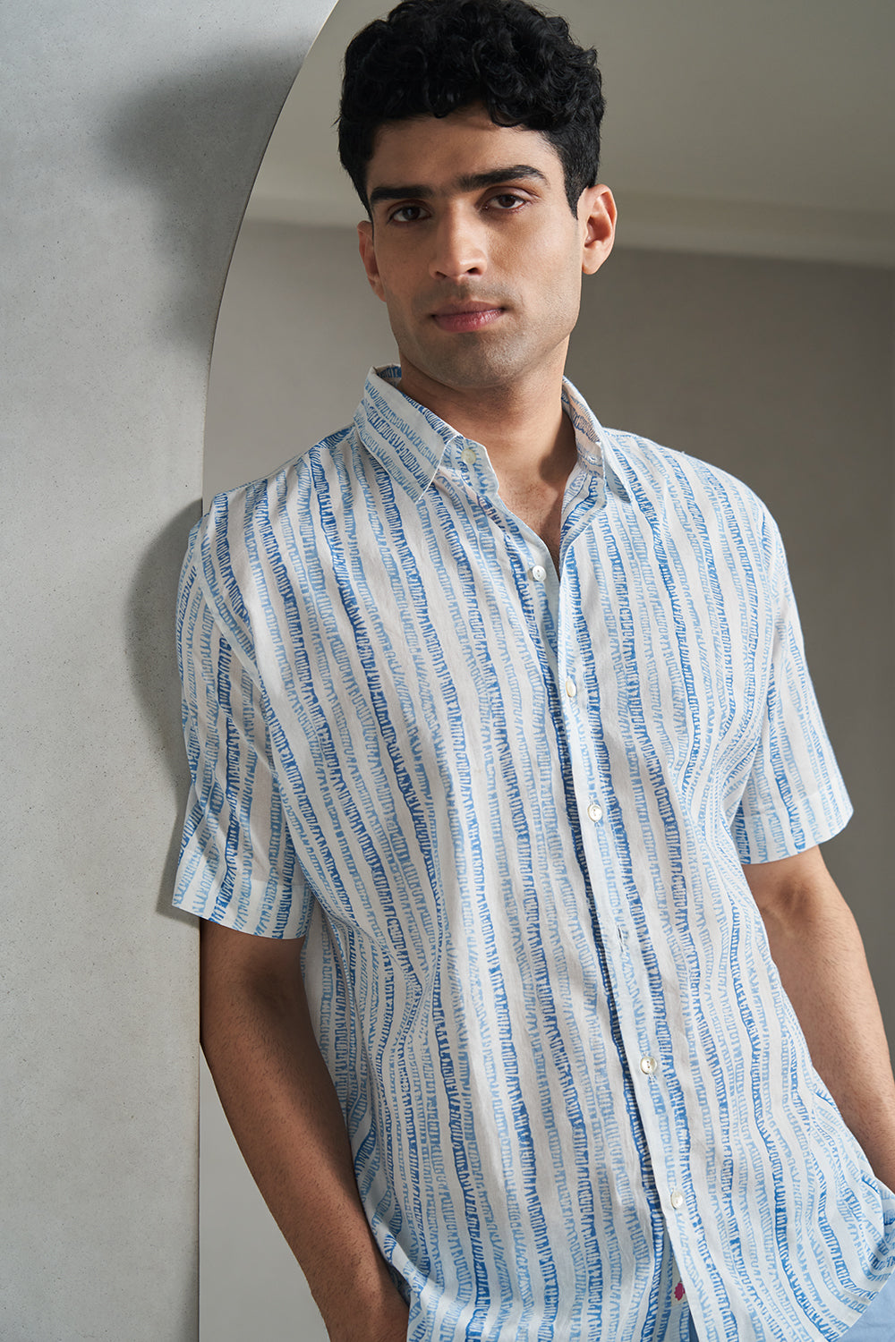 Blue Doodle Stripes Handblock Printed Men's Shirt