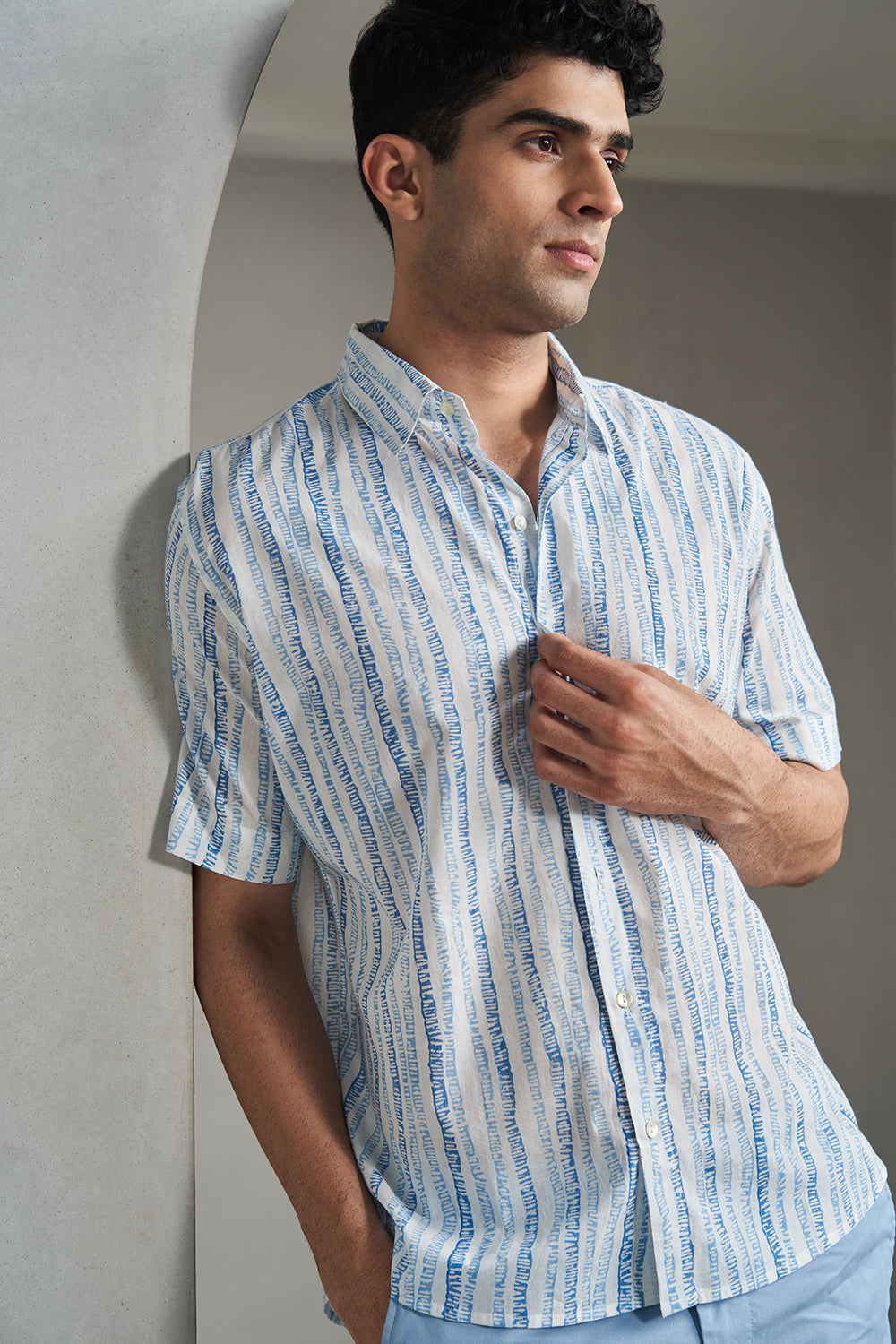 Blue Doodle Stripes Handblock Printed Men's Shirt