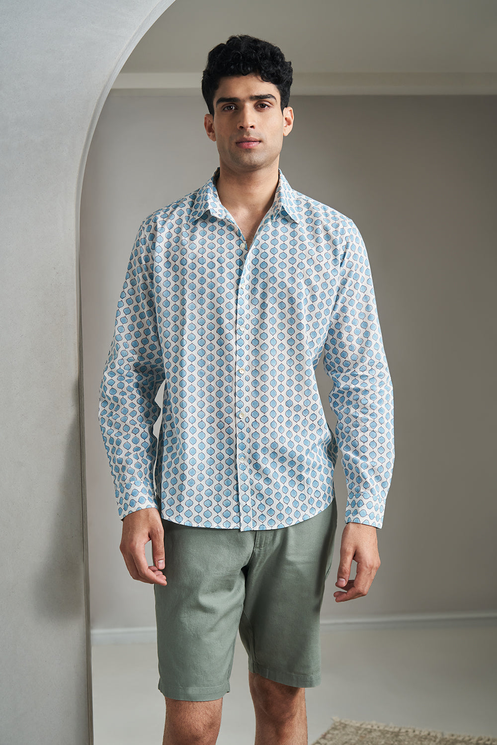 Teal Drops Handblock Printed Men's Shirt