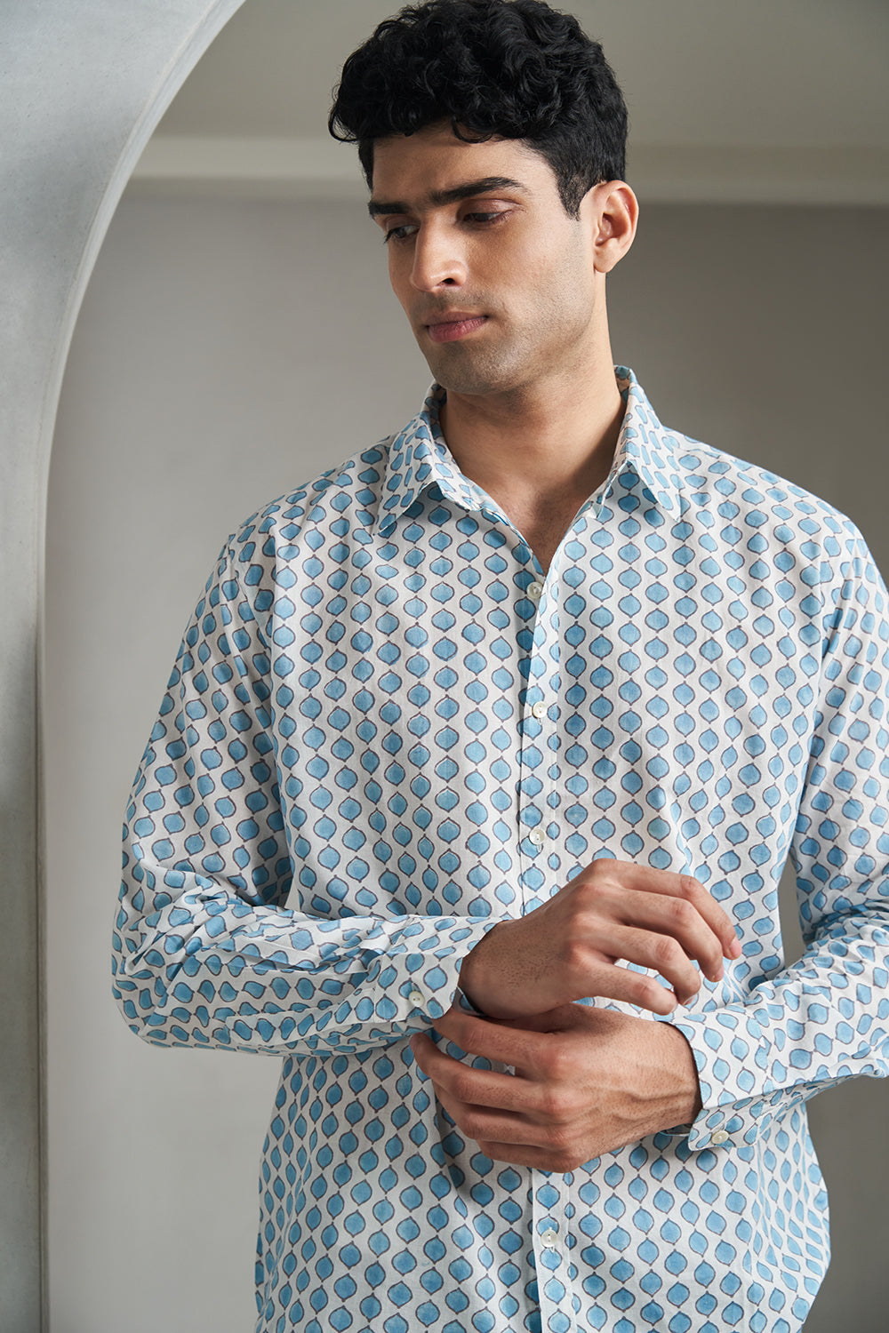 Teal Drops Handblock Printed Men's Shirt