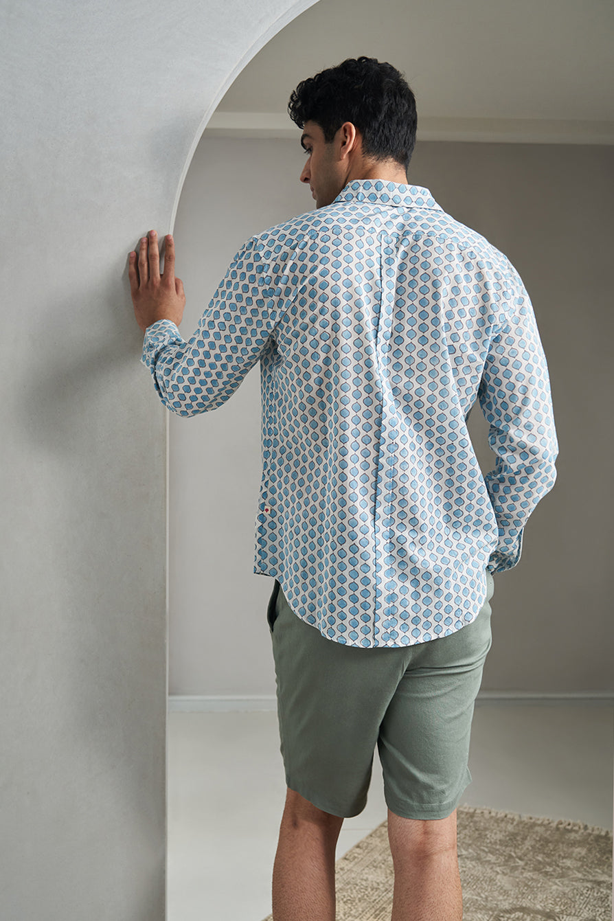 Teal Drops Handblock Printed Men's Shirt