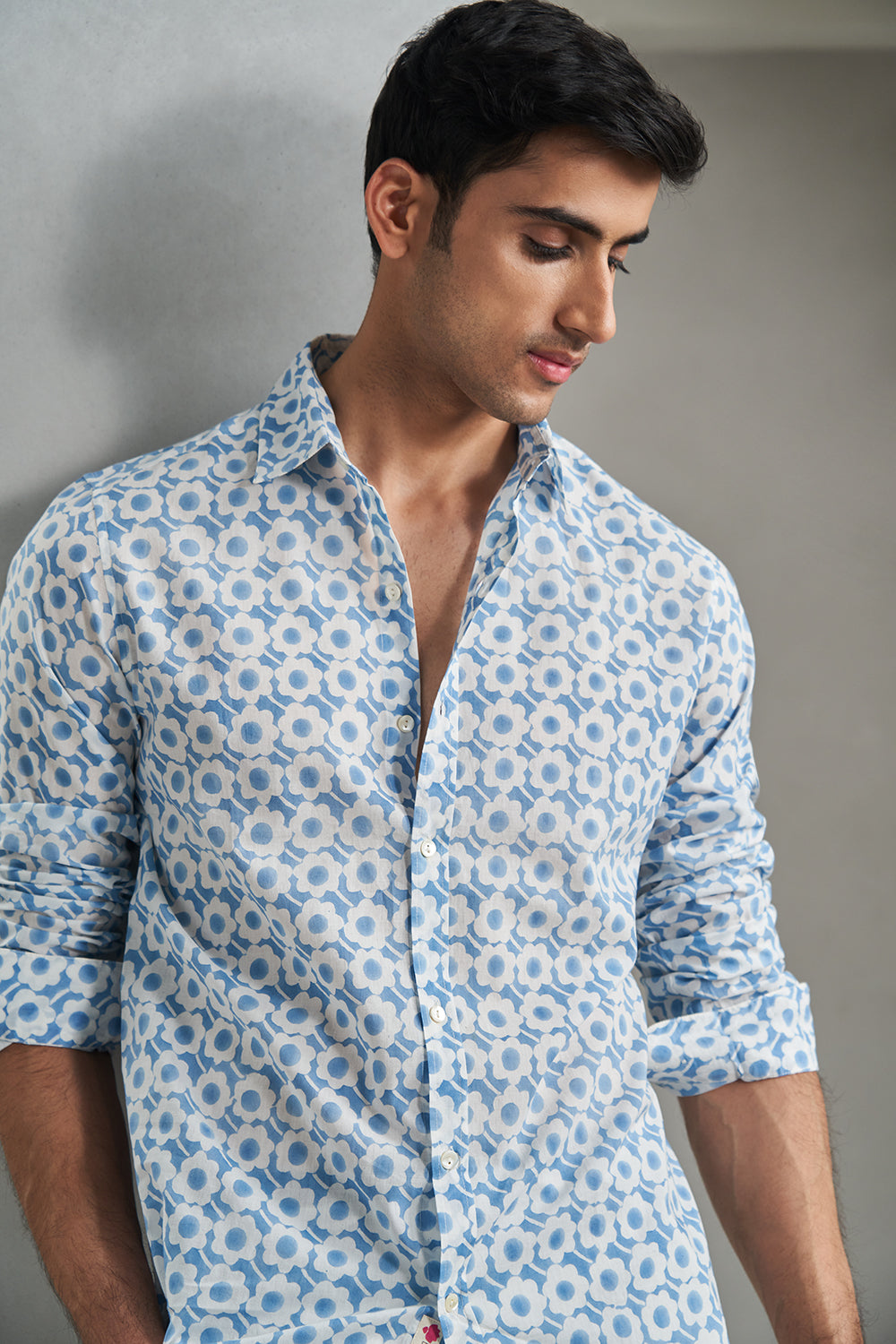 Blue Flower Gadh Handblock Printed Men's Shirt