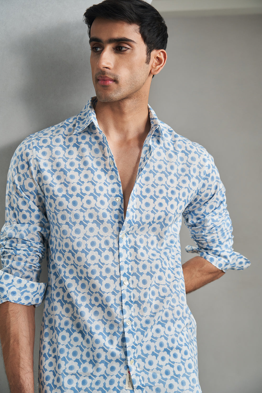 Blue Flower Gadh Handblock Printed Men's Shirt