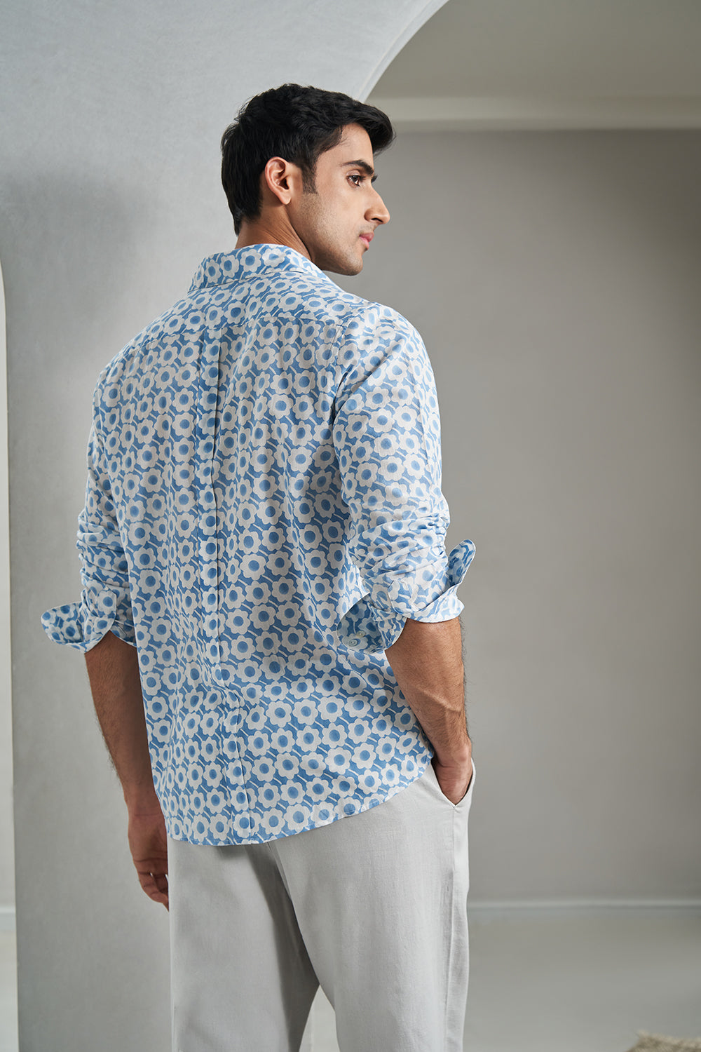 Blue Flower Gadh Handblock Printed Men's Shirt