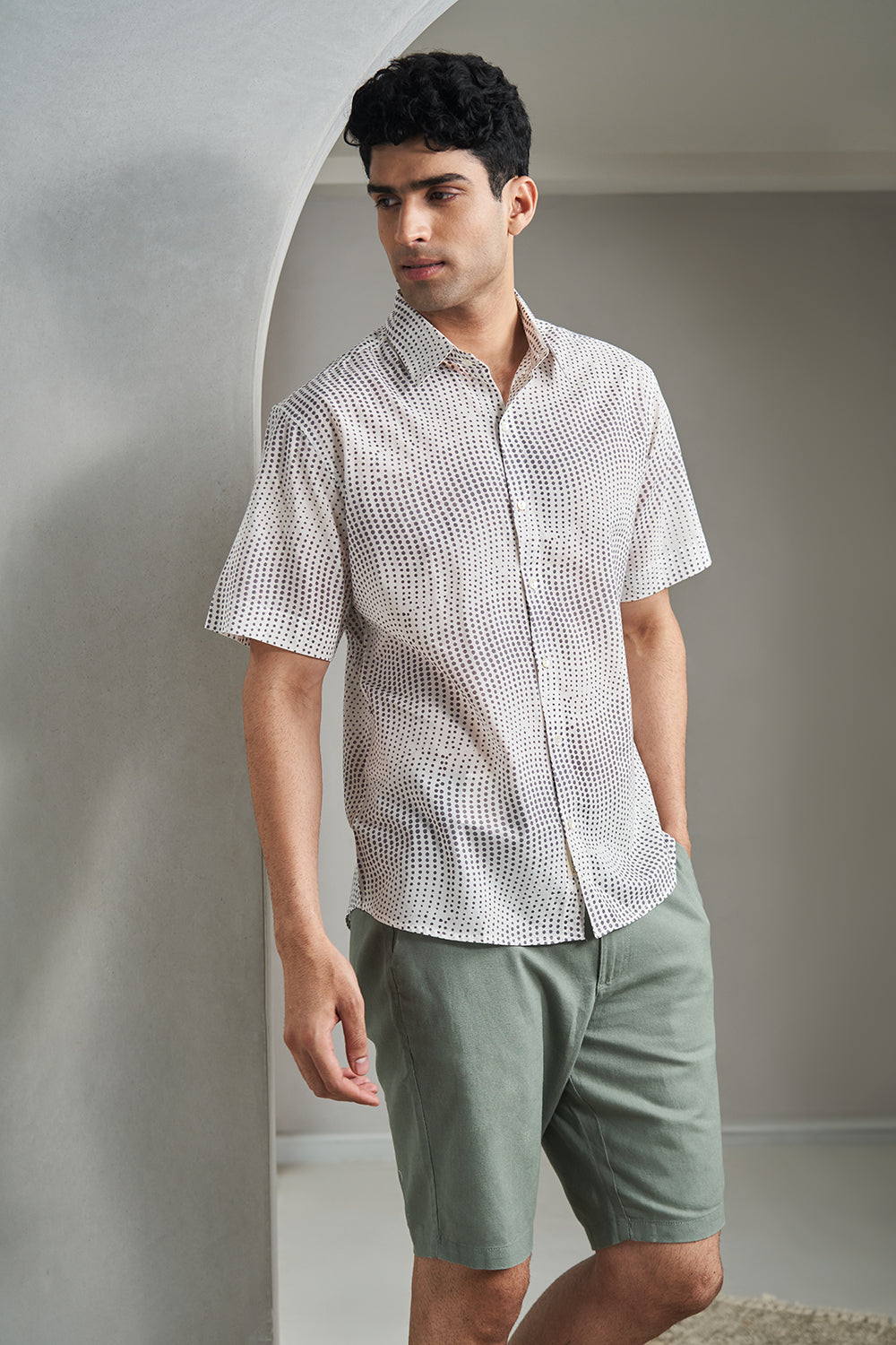 Grey dots waves Handblock Printed Men's Shirt