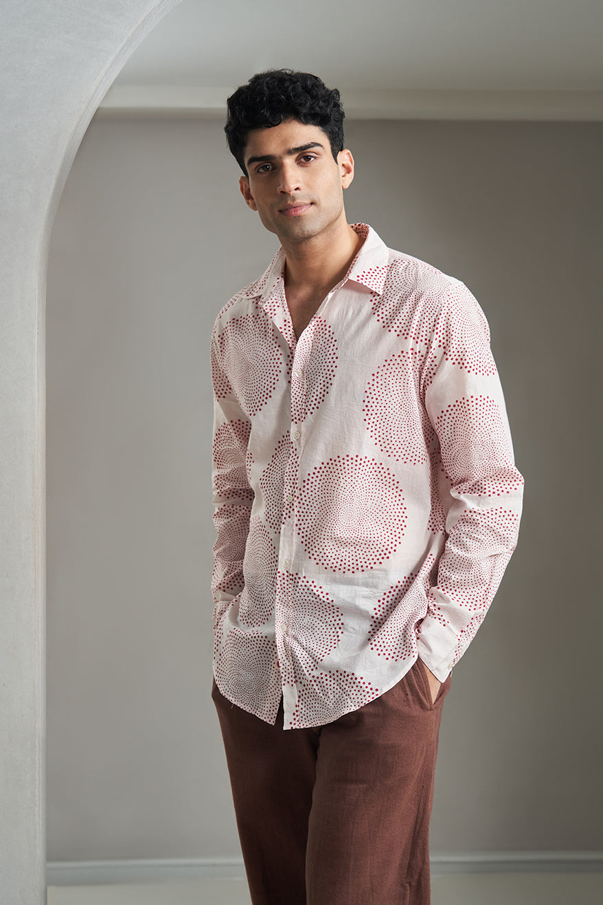 Wine Dots Circle Handblock Printed Men's Shirt