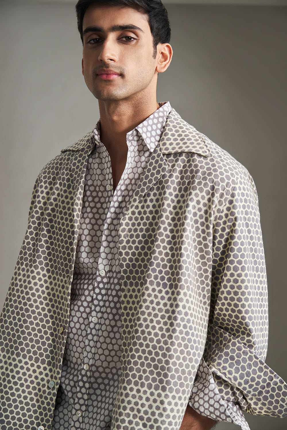 Grey Honeycomb Handblock Printed Men's Shirt