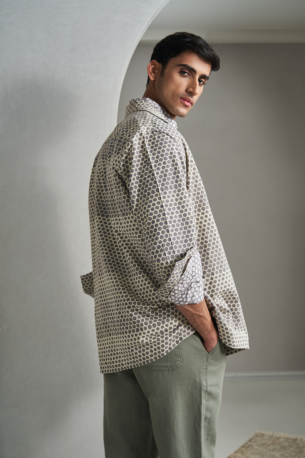 Grey Honeycomb Handblock Printed Men's Shirt