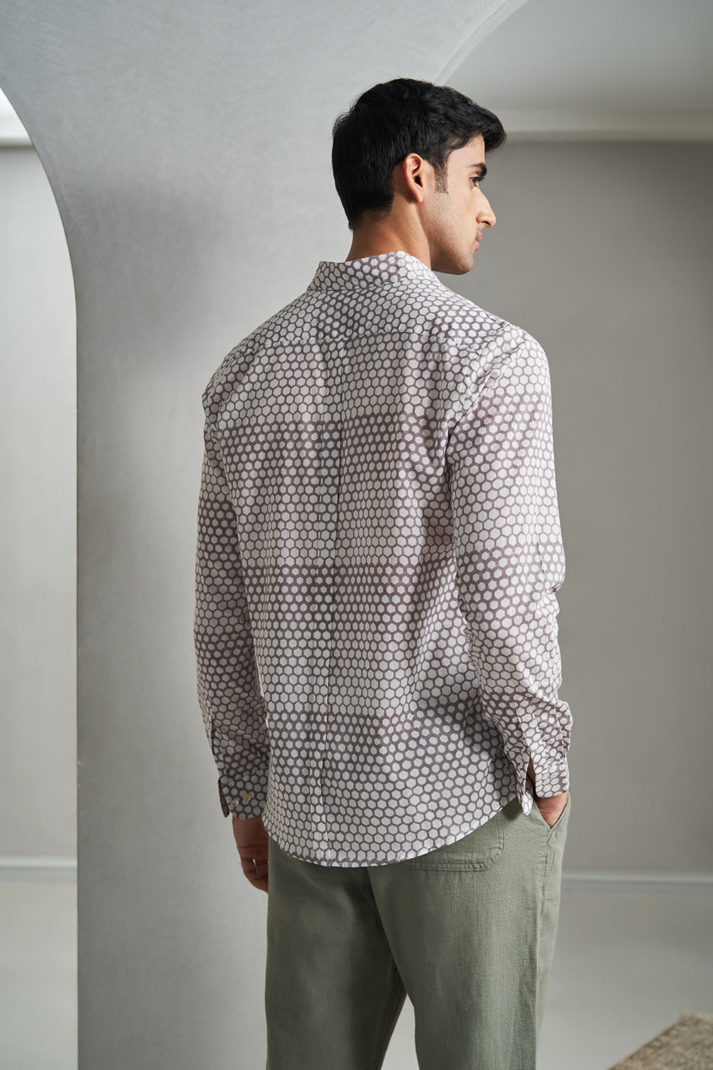 Grey Honeycomb Handblock Printed Men's Shirt