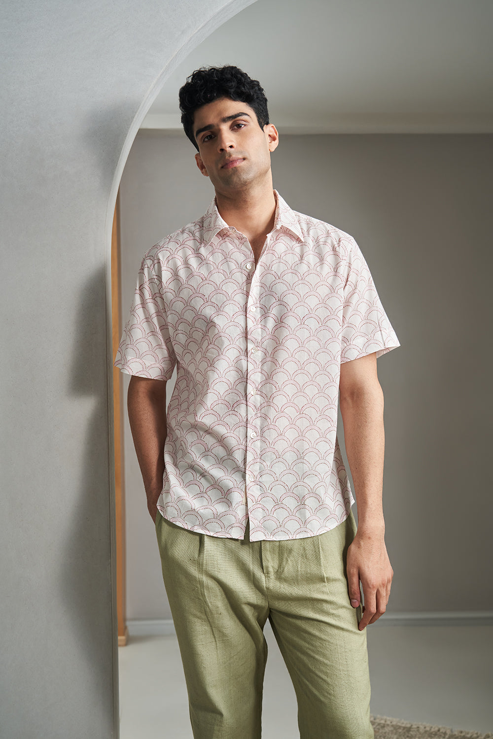 Pink Dotted Dunes Handblock Printed Men's Shirt