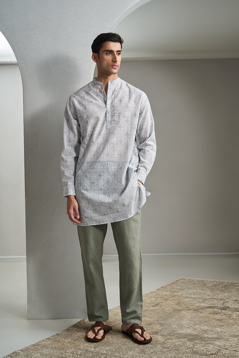 Grey Big Petal Gadh Handblock Printed Men's Kurta