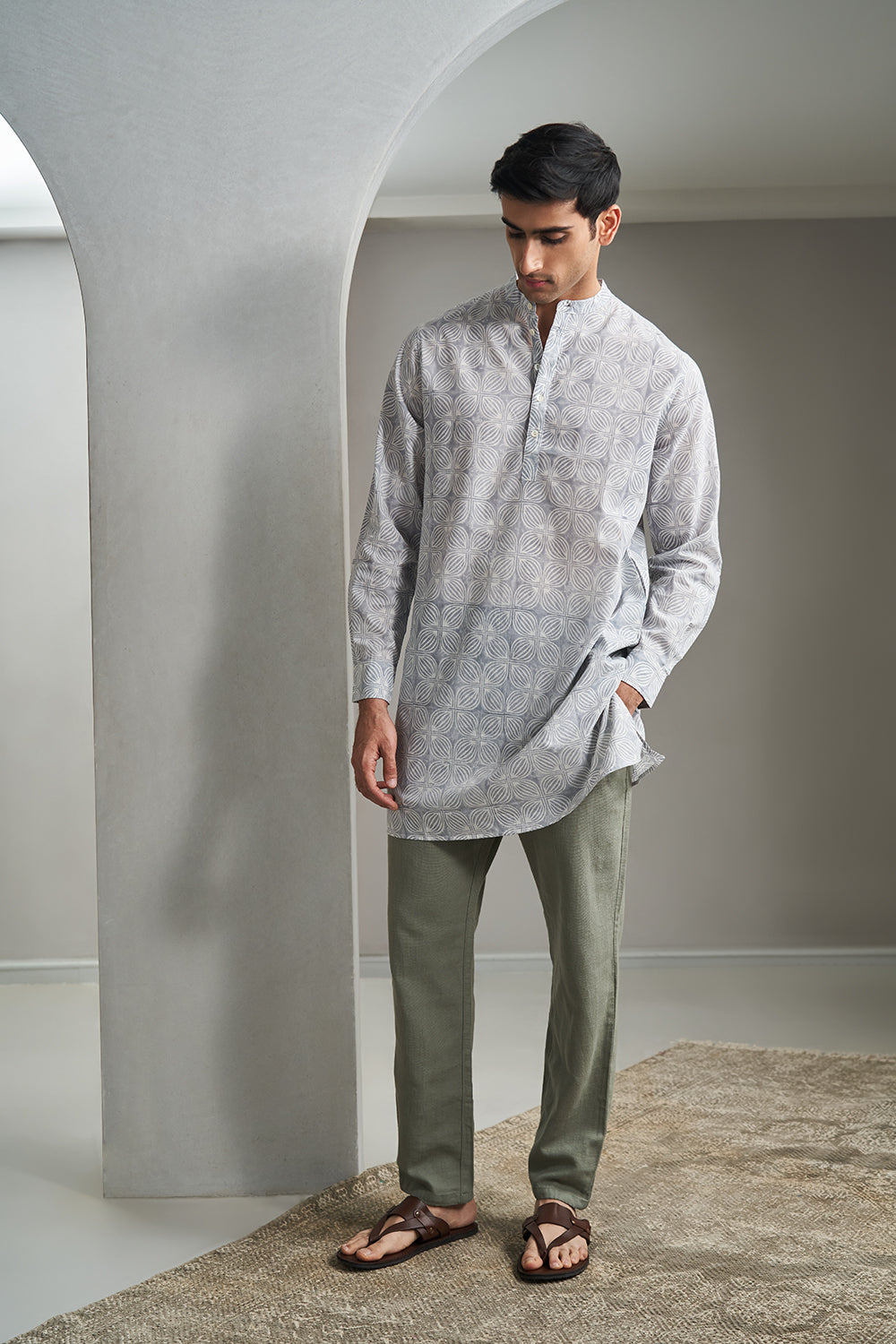 Grey Big Petal Gadh Handblock Printed Men's Kurta