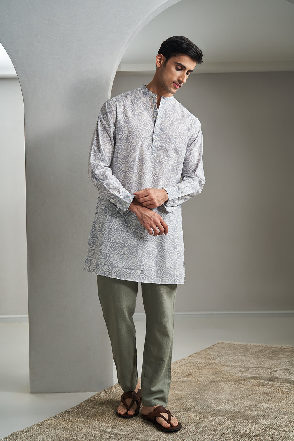 Grey Big Petal Gadh Handblock Printed Men's Kurta