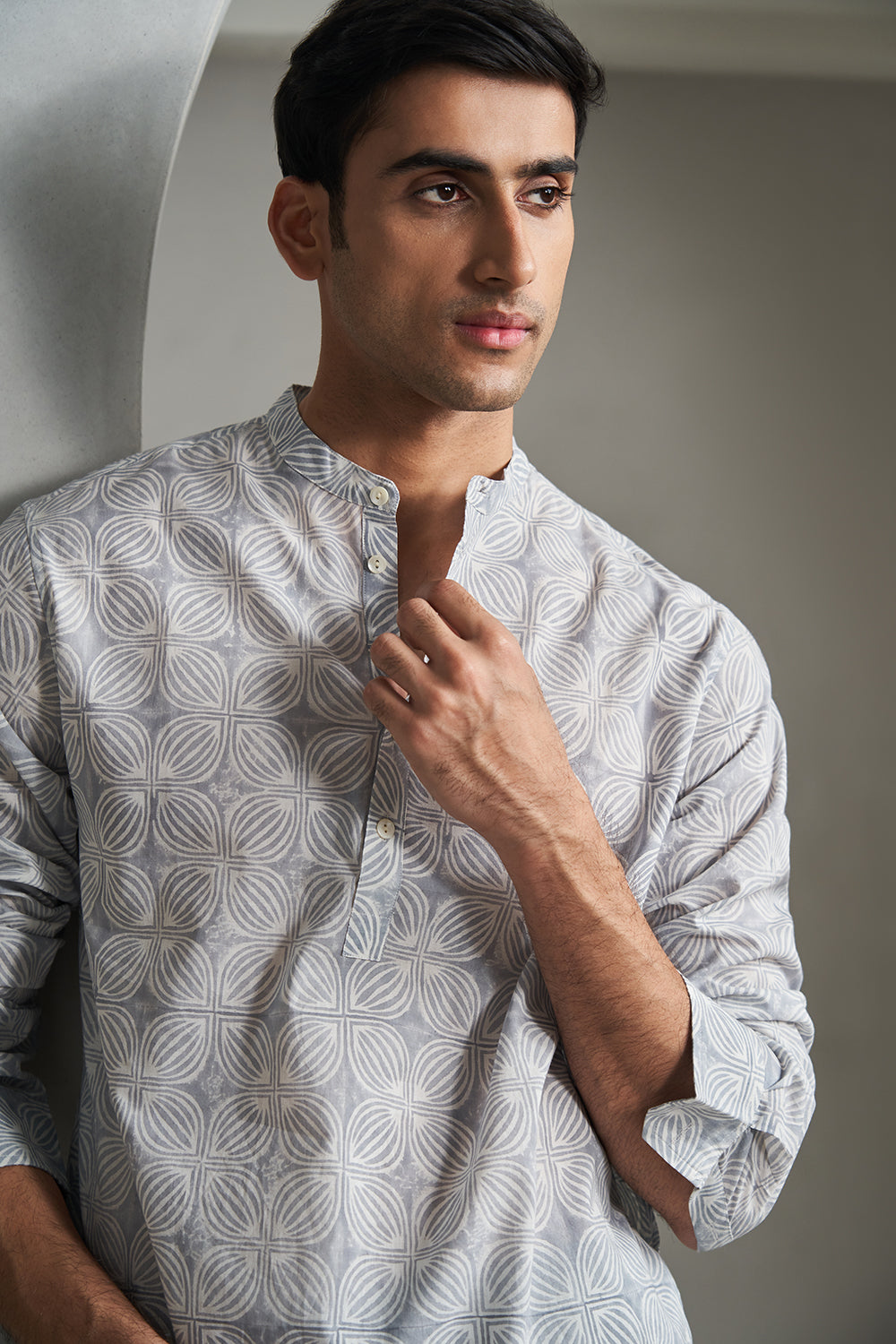 Grey Big Petal Gadh Handblock Printed Men's Kurta