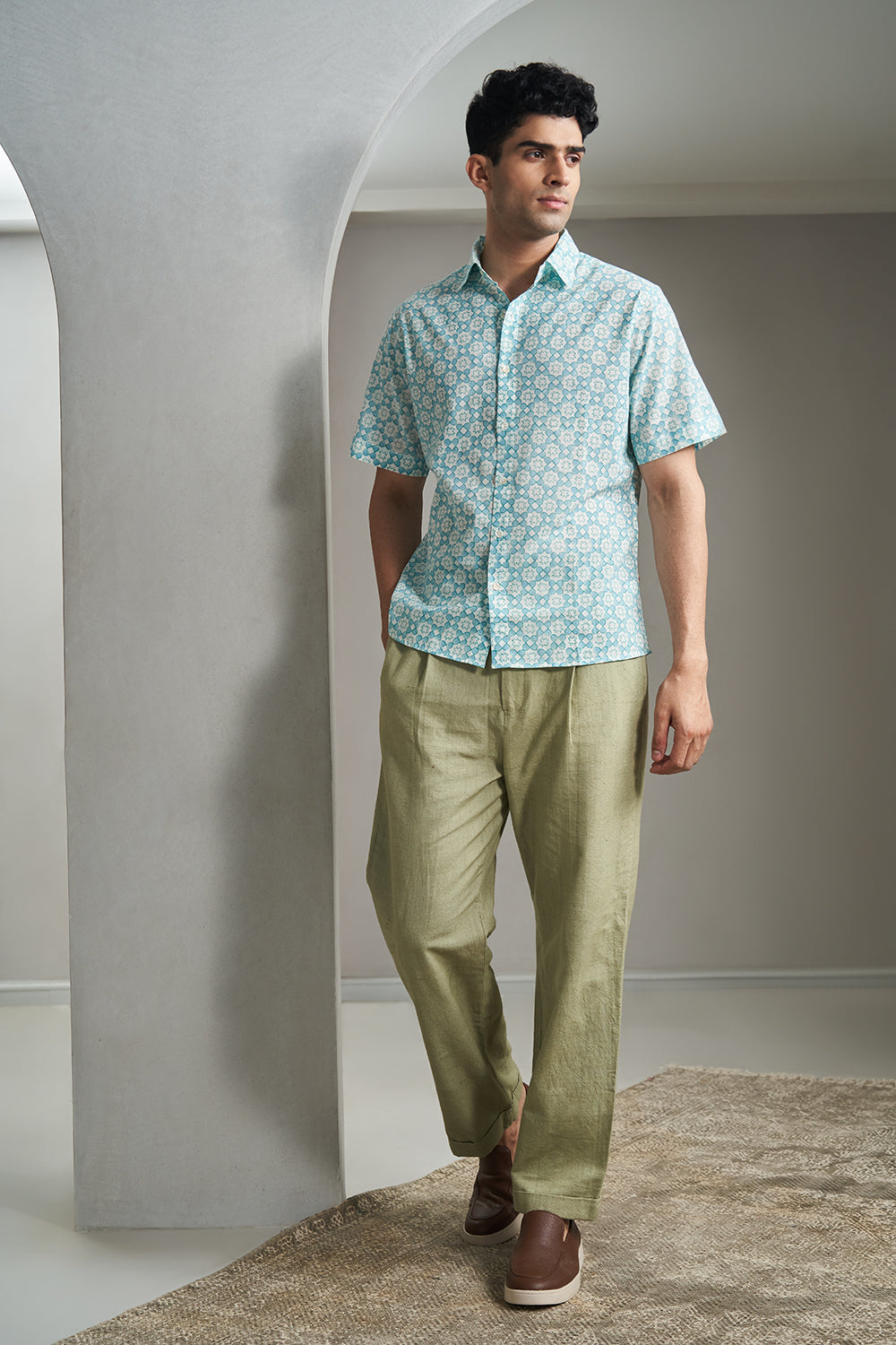 Teal Star Datta Handblock Printed Men's Shirt