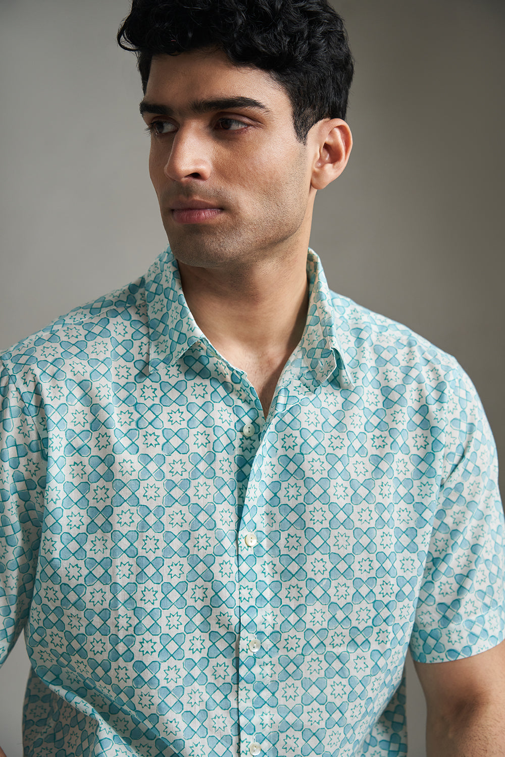 Teal Star Datta Handblock Printed Men's Shirt