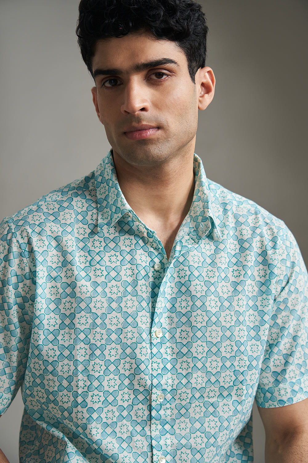 Teal Star Datta Handblock Printed Men's Shirt