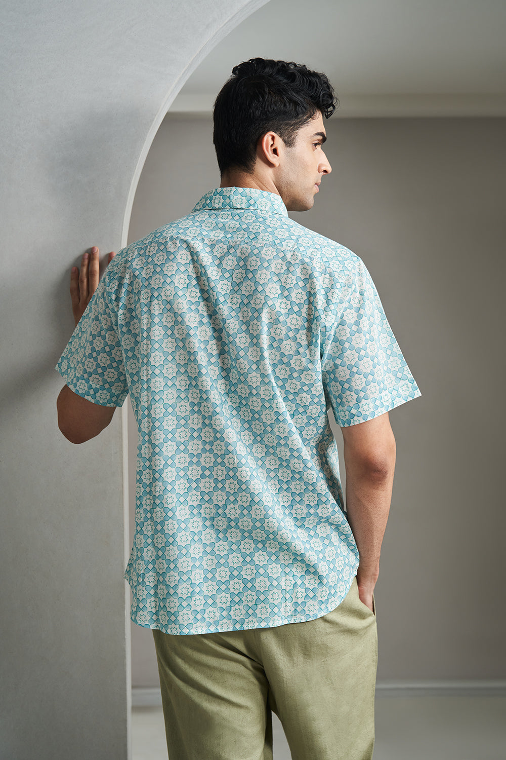 Teal Star Datta Handblock Printed Men's Shirt