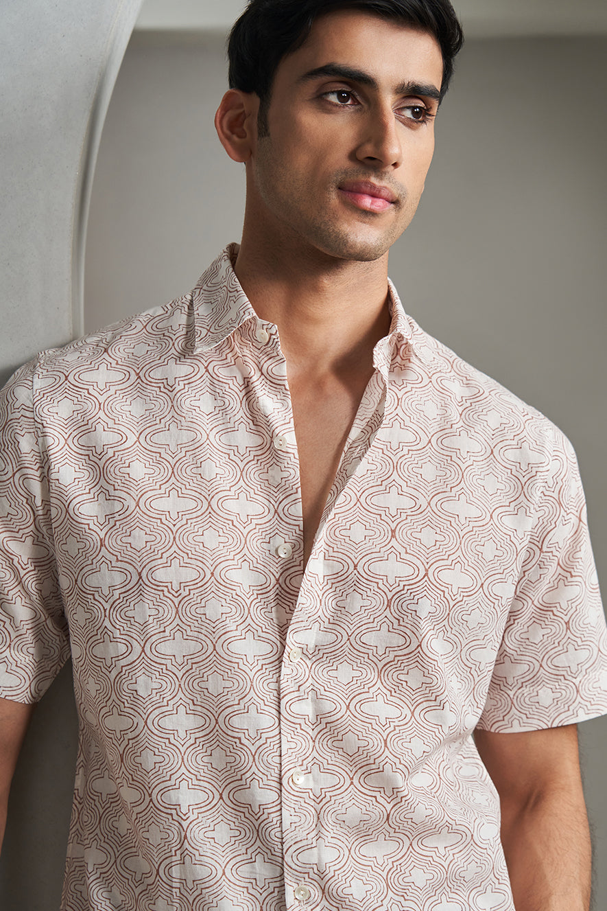 Brown New Jaali Handblock Printed Men's Shirt