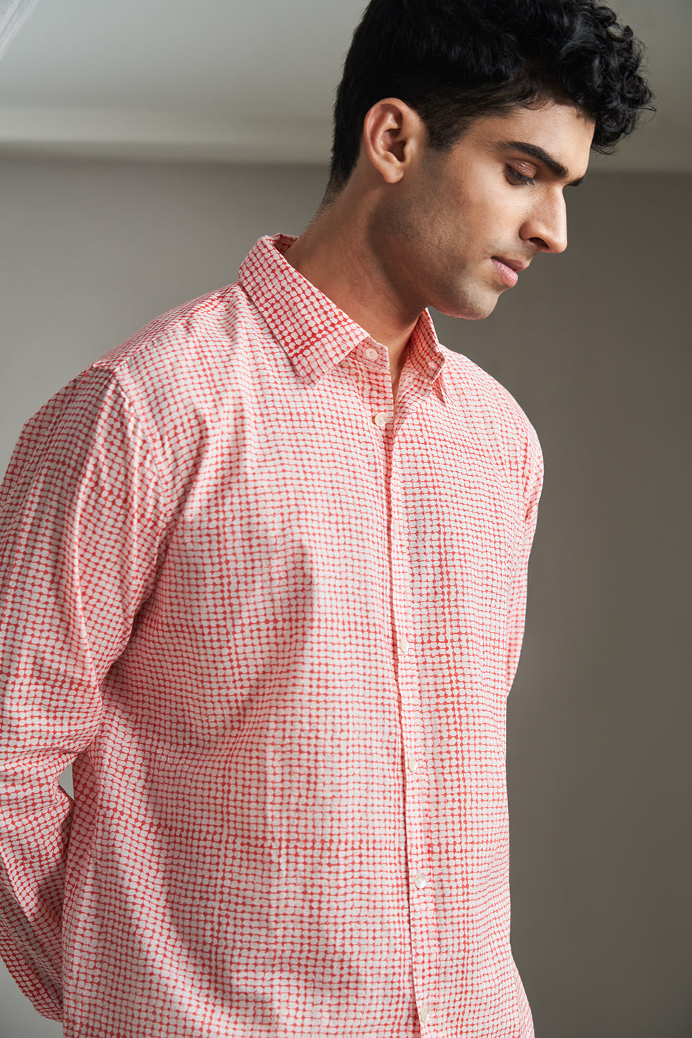 Red Dots Checks Handblock Printed Men's Shirt