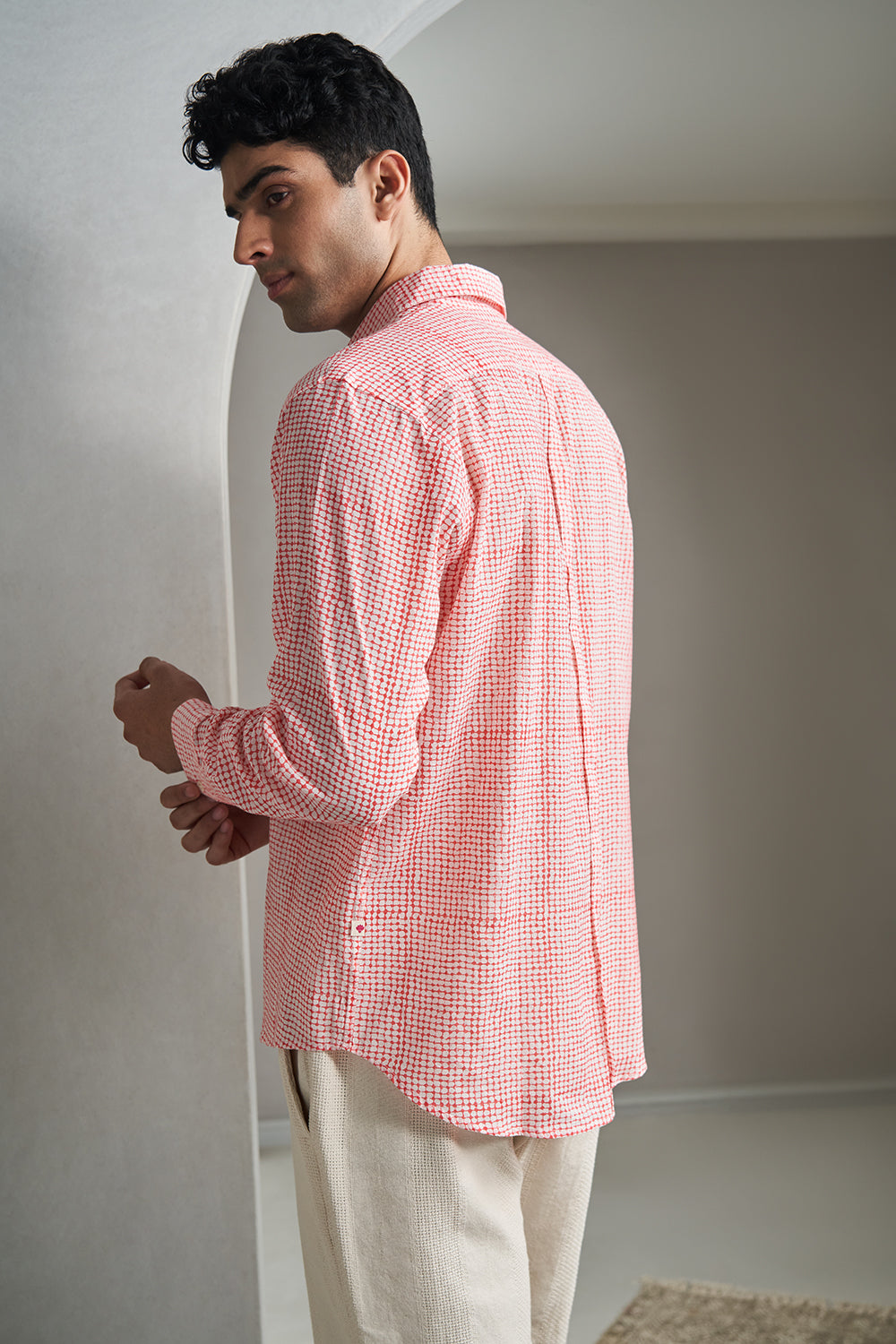 Red Dots Checks Handblock Printed Men's Shirt