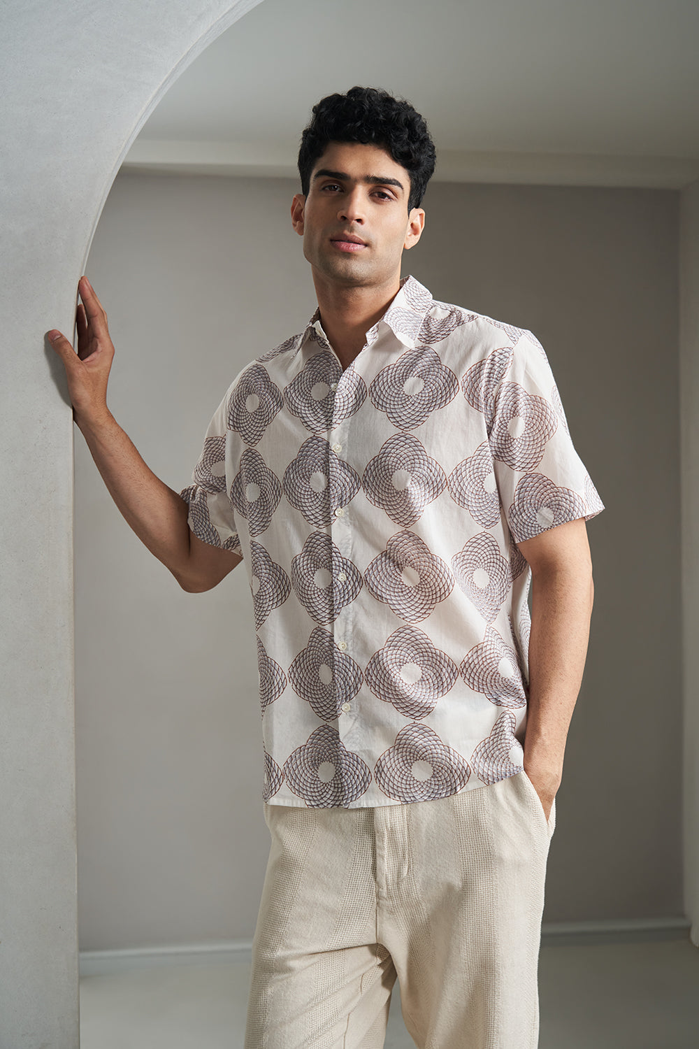 Brown Triangle Medallion Handblock Printed Men's Shirt 