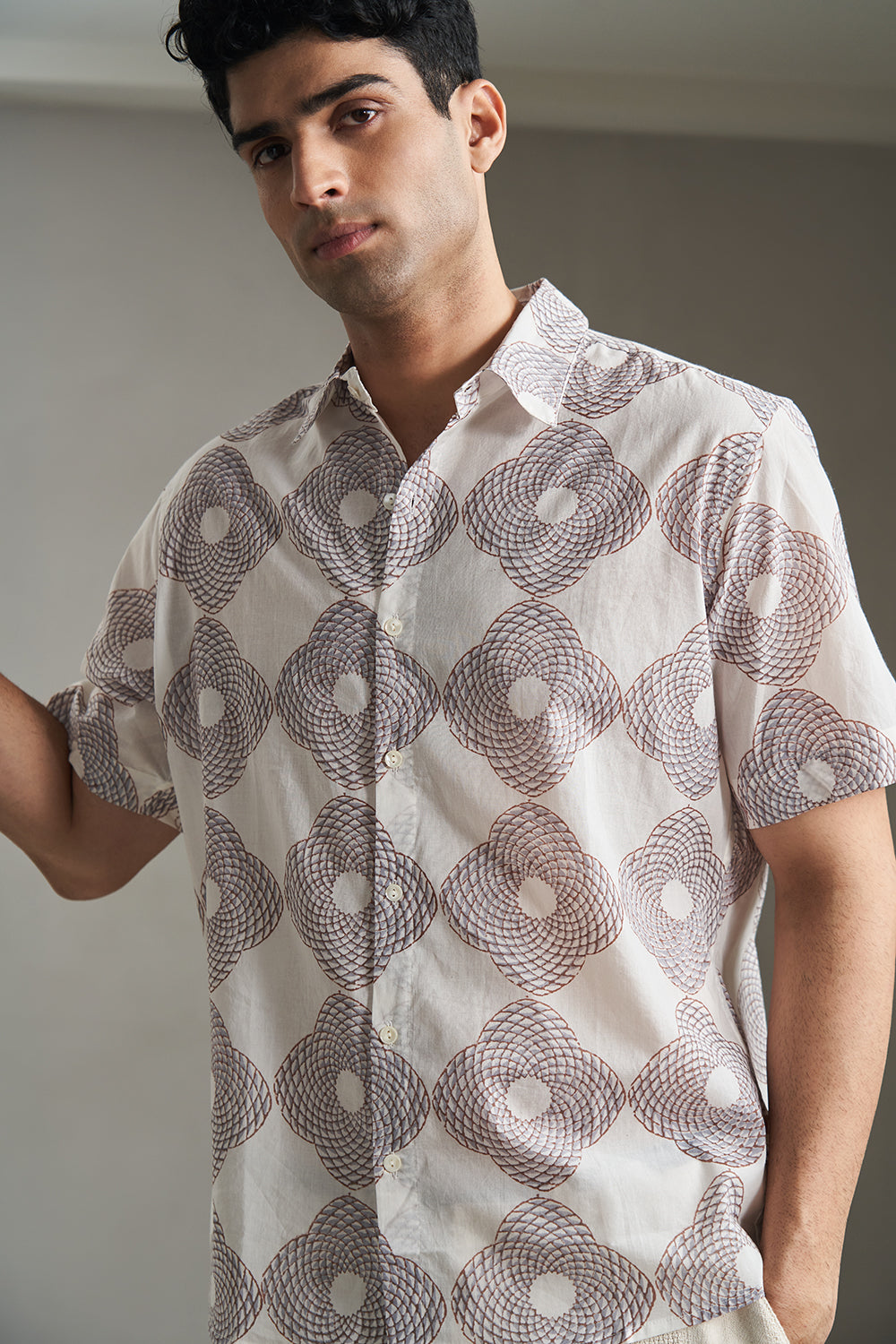 Brown Triangle Medallion Handblock Printed Men's Shirt 