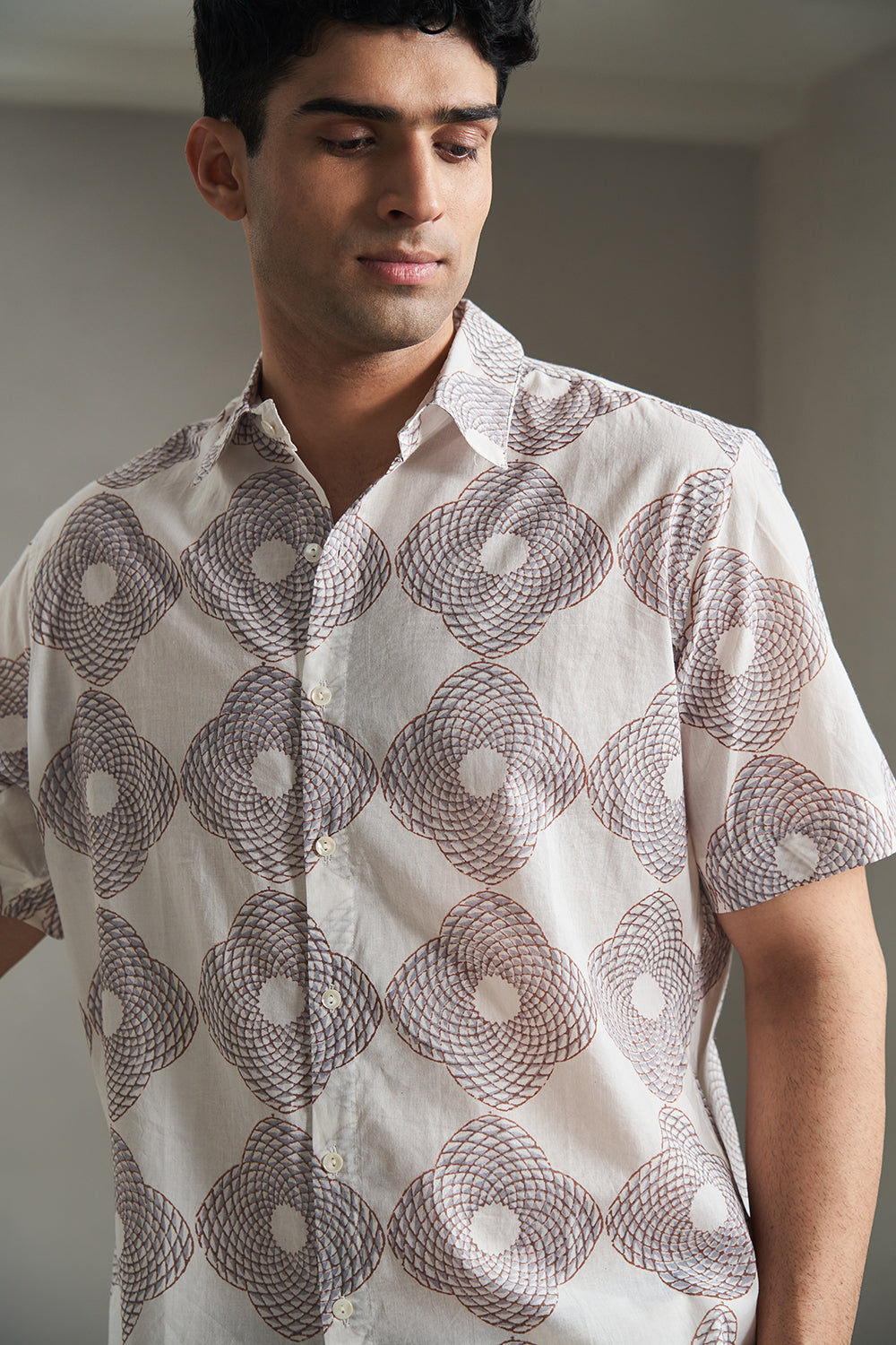 Brown Triangle Medallion Handblock Printed Men's Shirt 